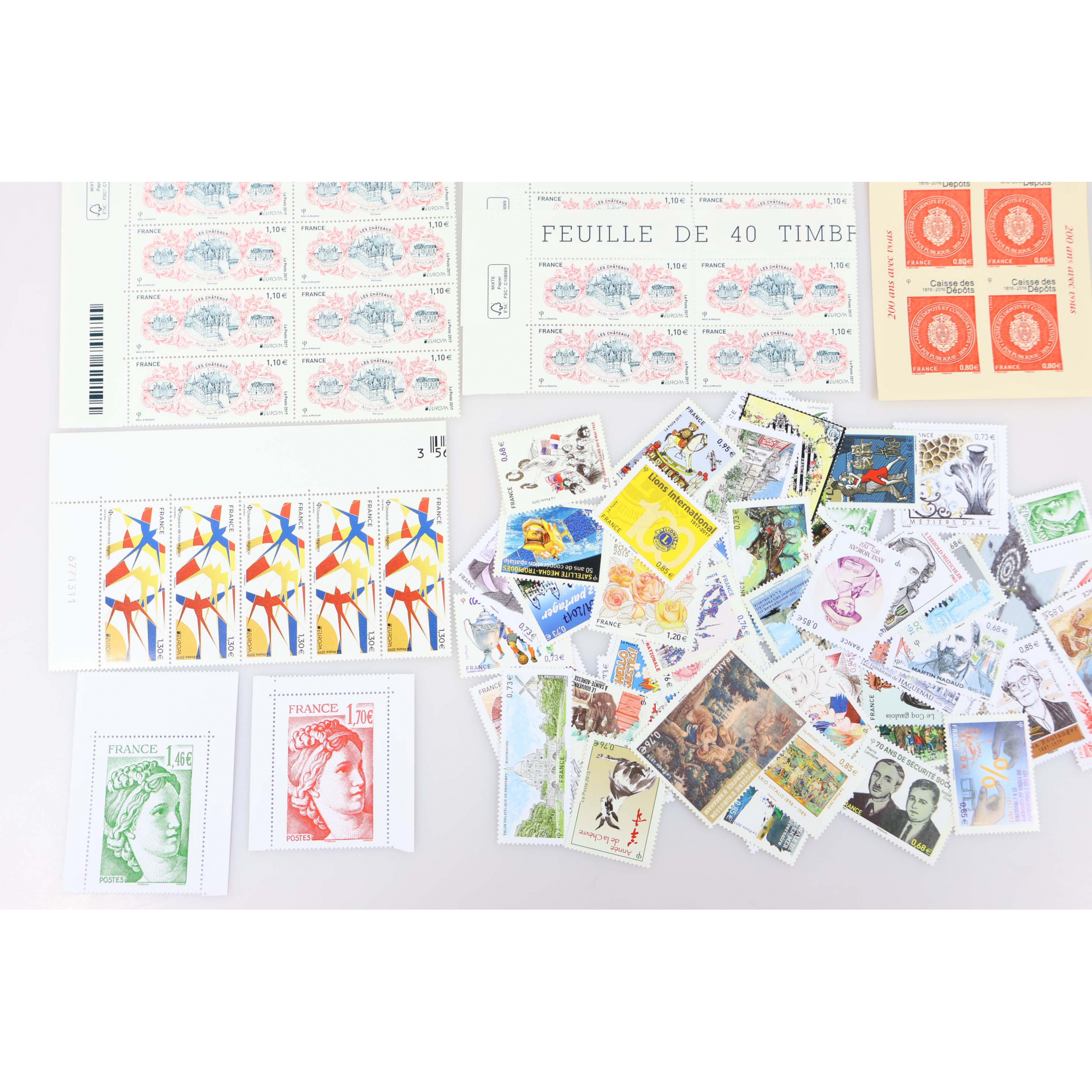 LOT DE TIMBRES ET BLOCS EN EUROS ENTRE 2015 ET 2022 FRANCE NEUFS** FACIALE 155€