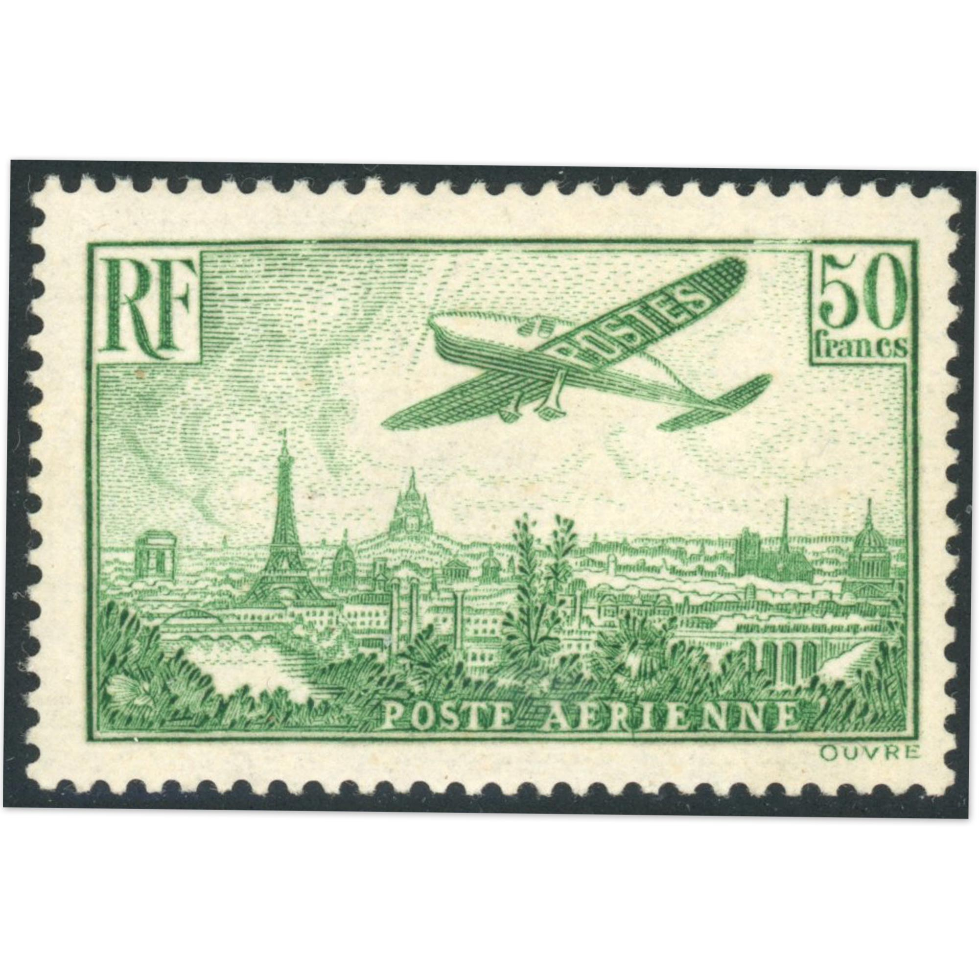 POSTE AÉRIENNE N°14 AVION SURVOLANT PARIS TIMBRE DE FRANCE NEUF** SIGNÉ BRUN