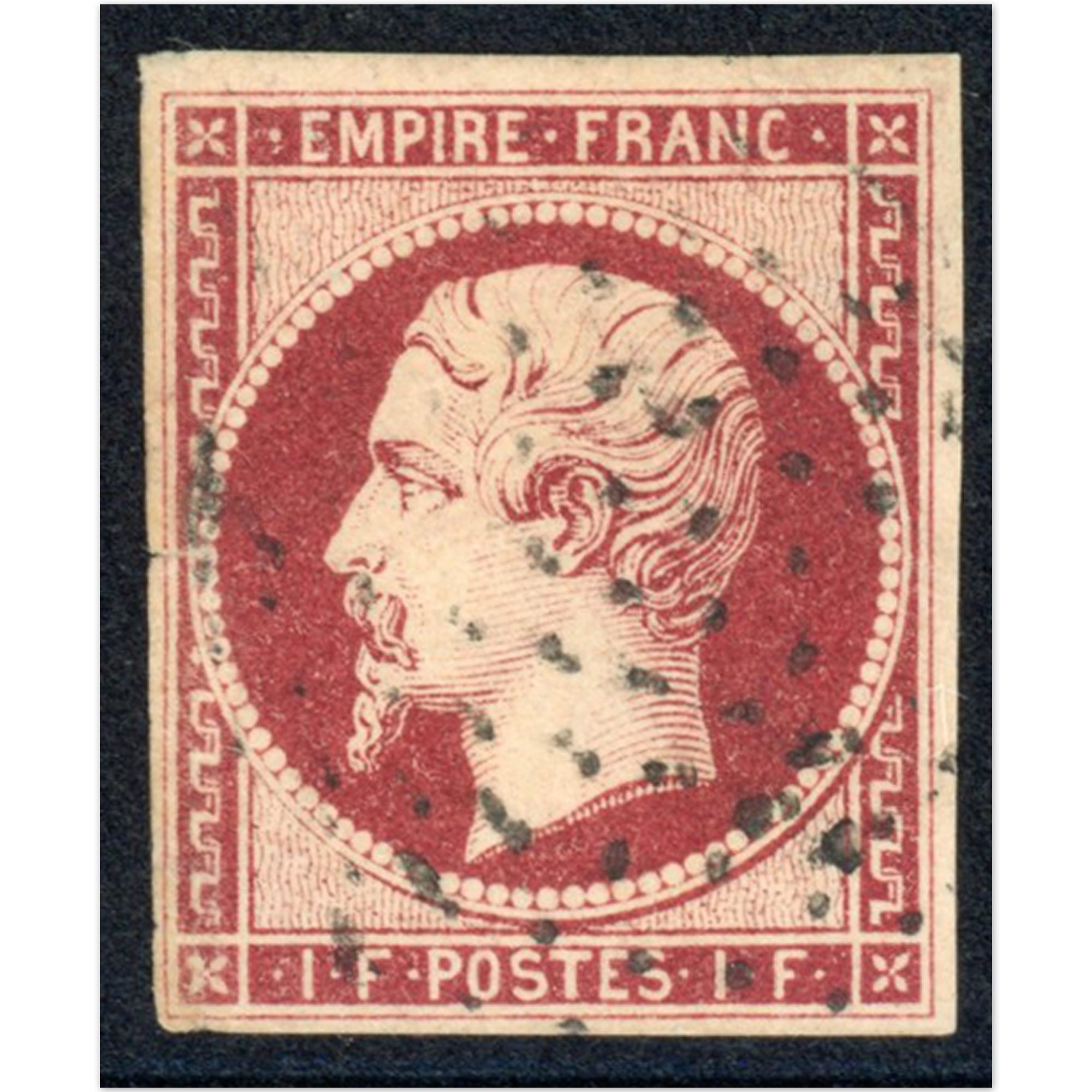 NAPOLÉON N°18 1FR CARMIN DE 1853 TIMBRE DE FRANCE SIGNÉ BRUN AVEC PETITS DÉFAUTS