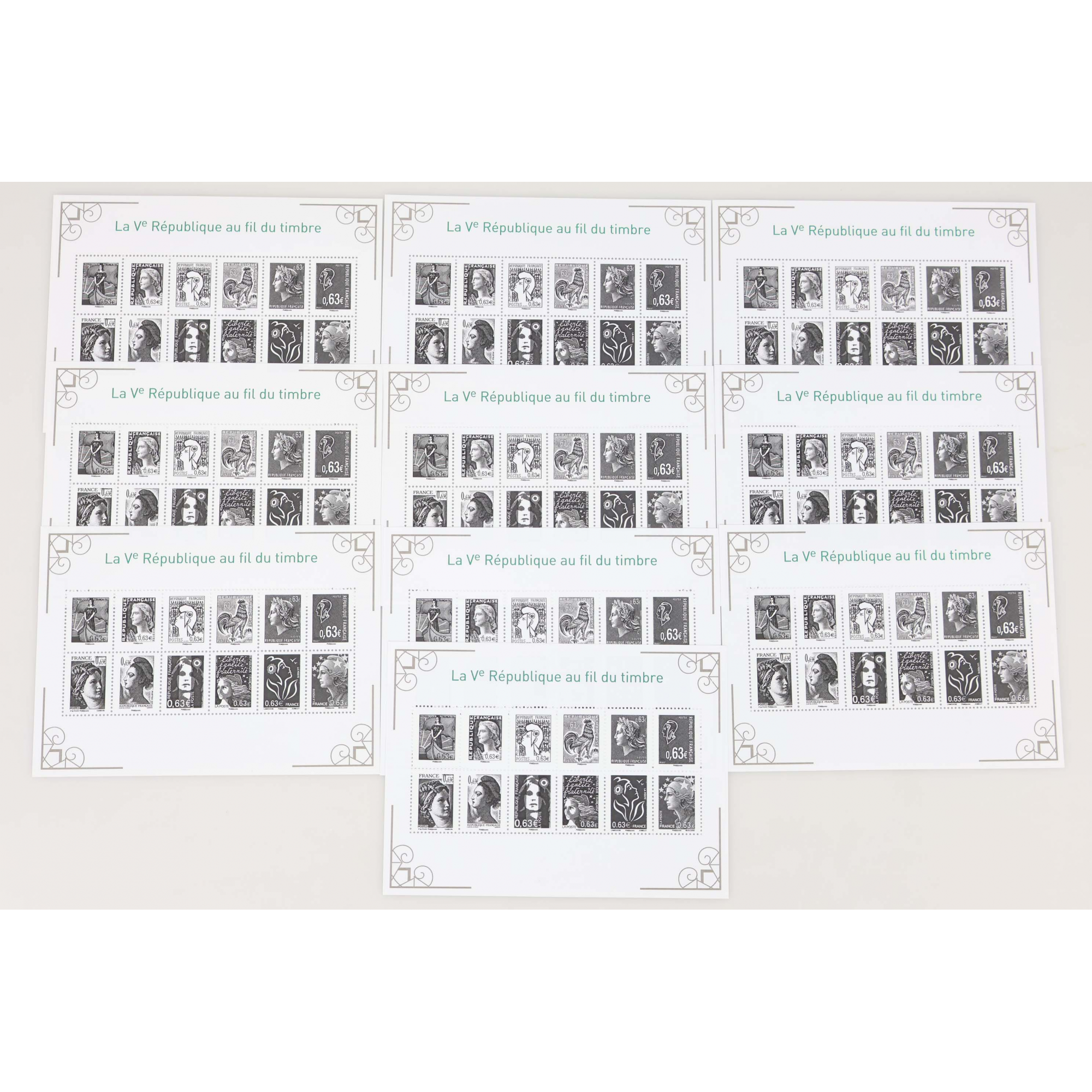 LOT 10 BLOCS N° F4781 Ve RÉPUBLIQUE AU FIL DU TIMBRE NEUFS** 0.63€ FACIALE 75,6€