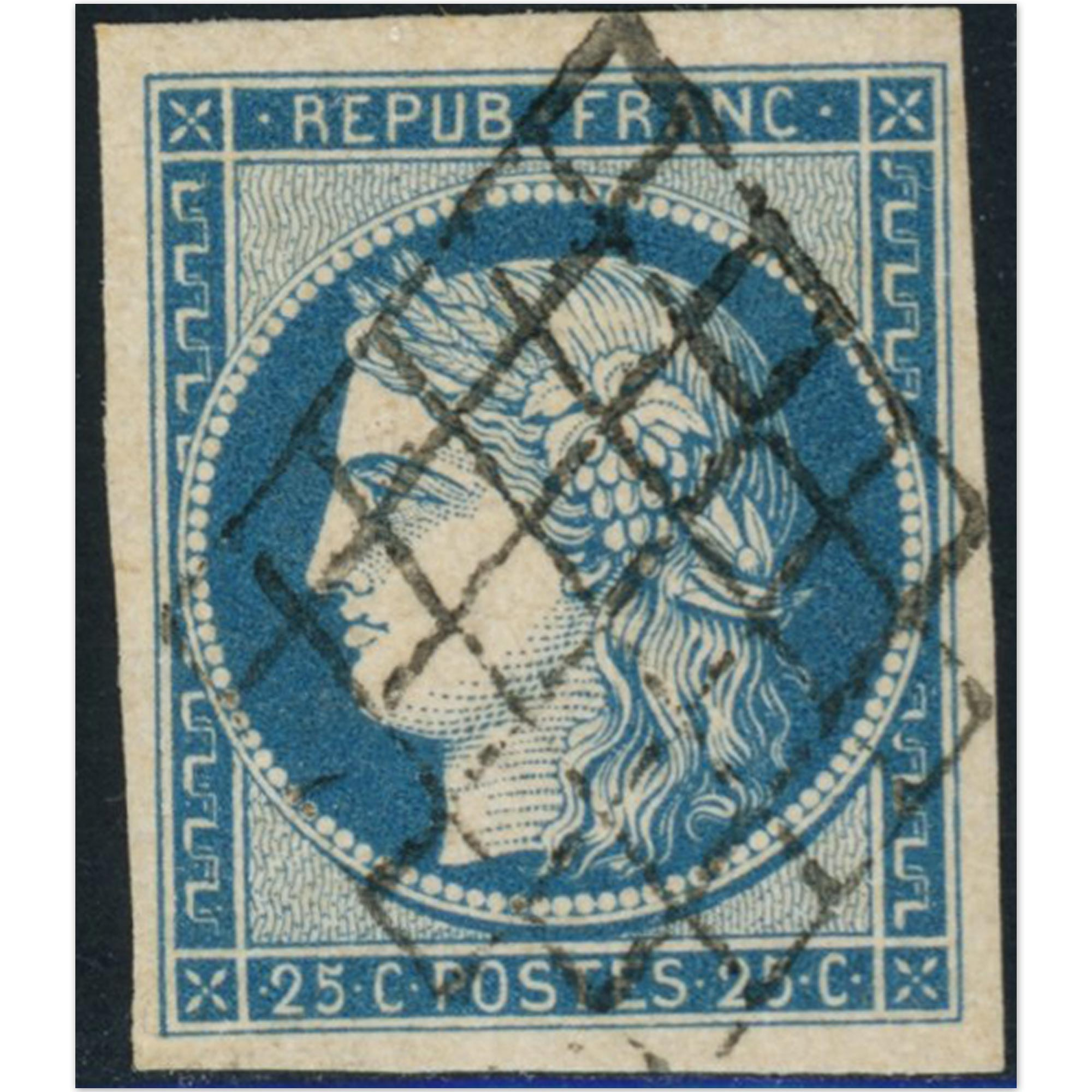 TIMBRE CLASSIQUE CÉRÈS N°4 OBLITÉRATION GRILLE SIGNÉ BRUN COTE 65€ ANNÉE 1850