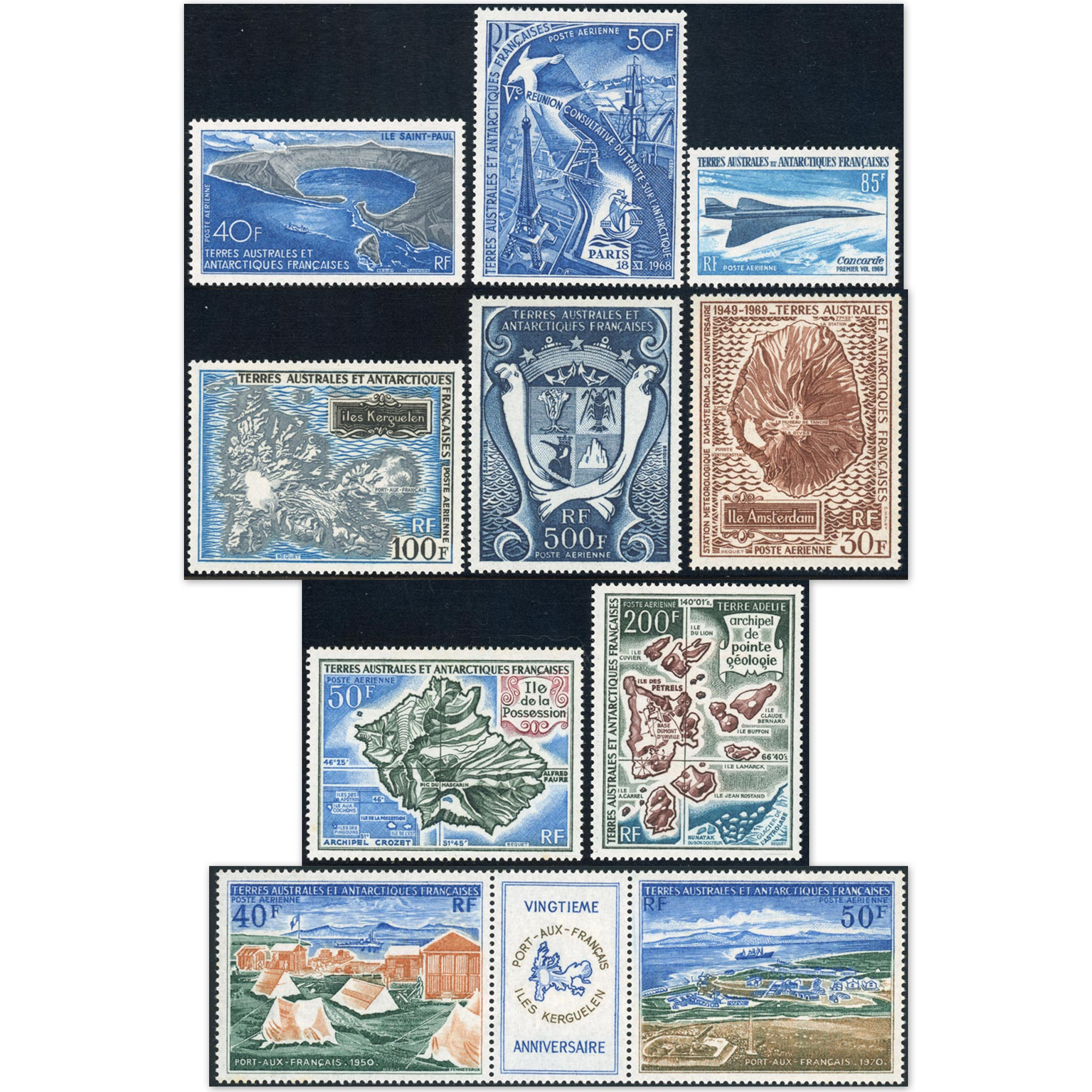 LOT TAAF POSTE AÉRIENNE N°17 À 26A COMPLET TIMBRES NEUFS ANNÉES 1969 À 1971