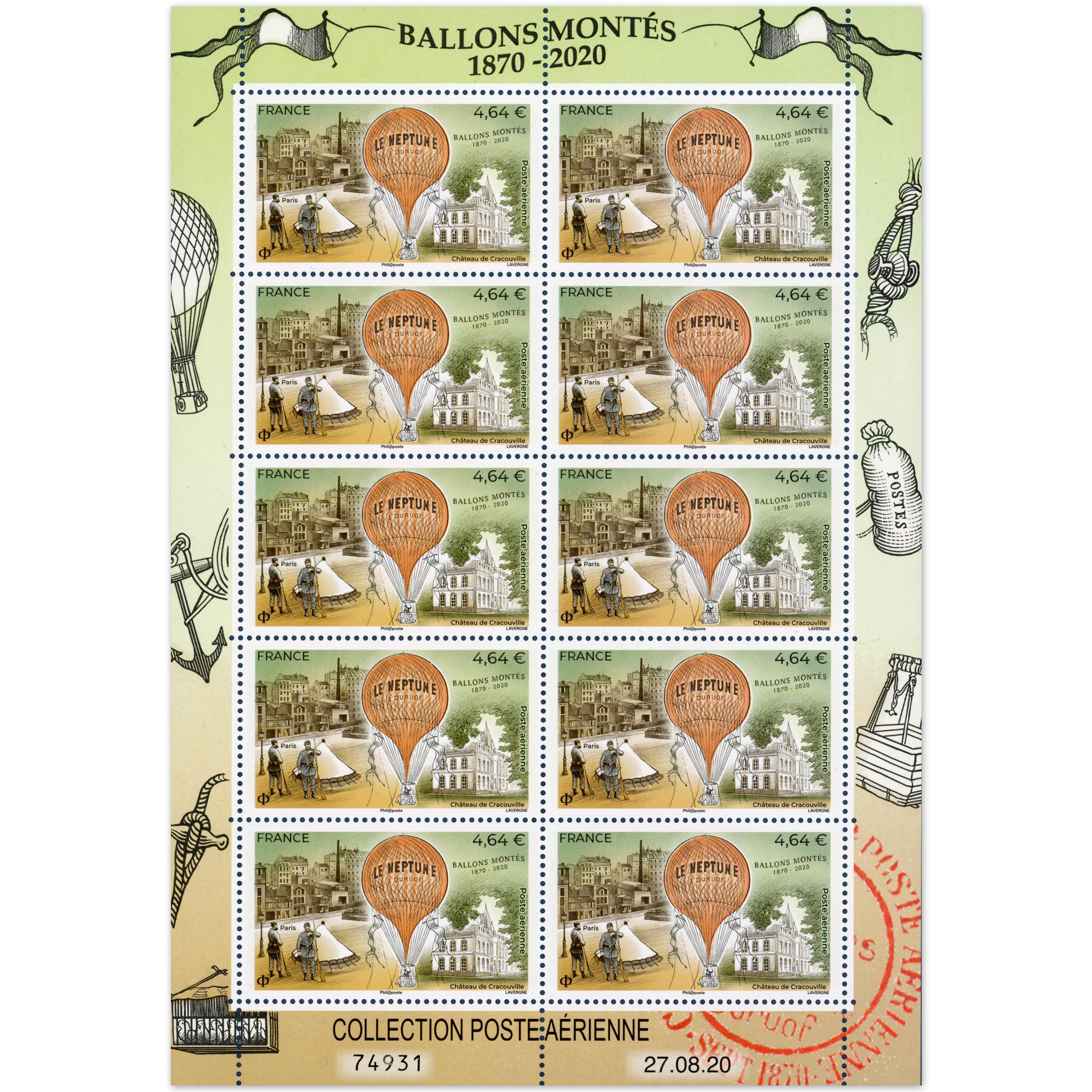 FEUILLE DE 10 TIMBRES PA N° F84a - BALLONS MONTÉS- TIMBRES NEUFS** ANNÉE 2020