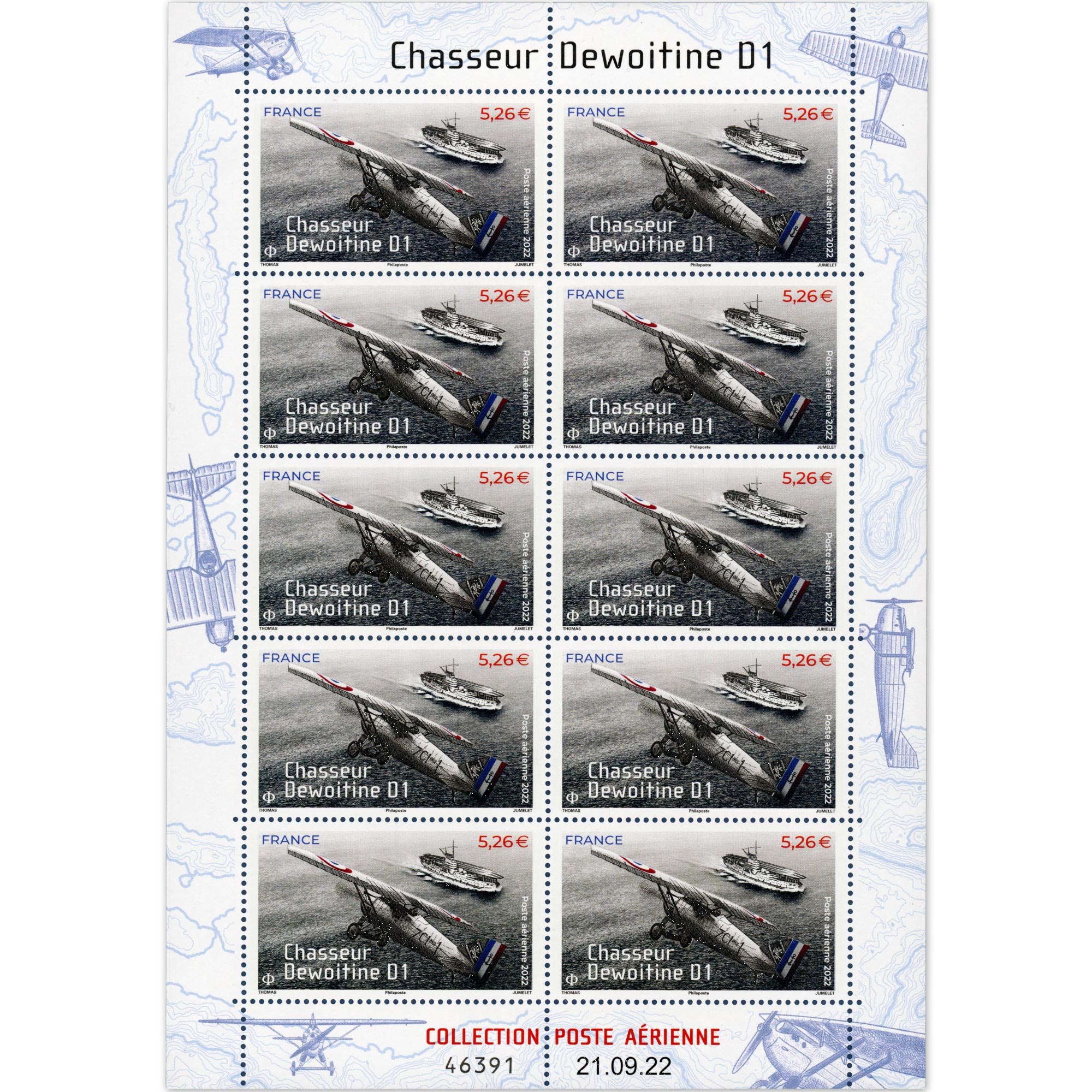 FEUILLE DE 10 TIMBRES PA N°F92a -CHASSEUR DEWOITINE- TIMBRES NEUFS** ANNÉE 2022