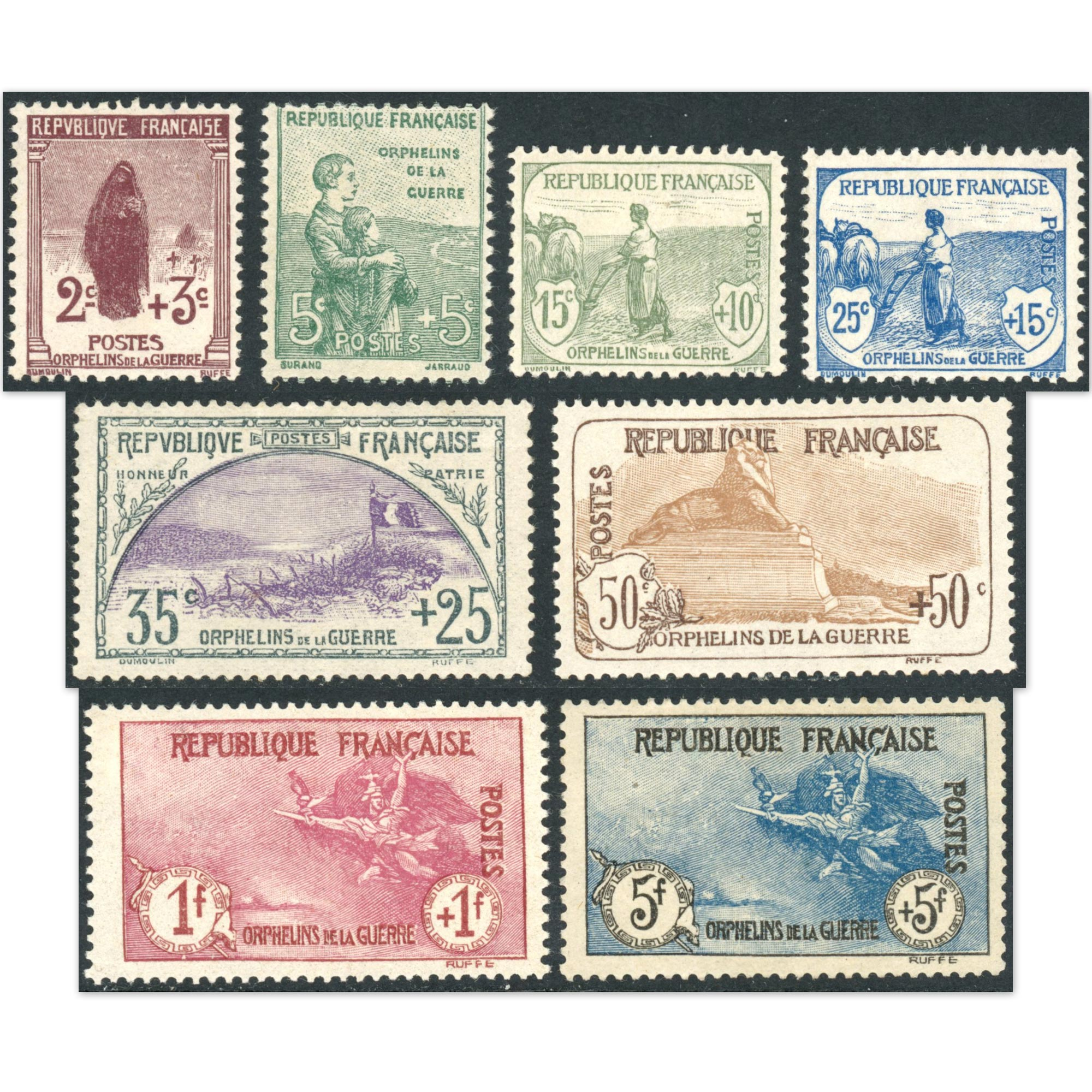 RARE! 1ÈRE ORPHELIN N°148 À 155 TIMBRES NEUFS DE 1918 SIGNÉS BRUN COTE 3765€