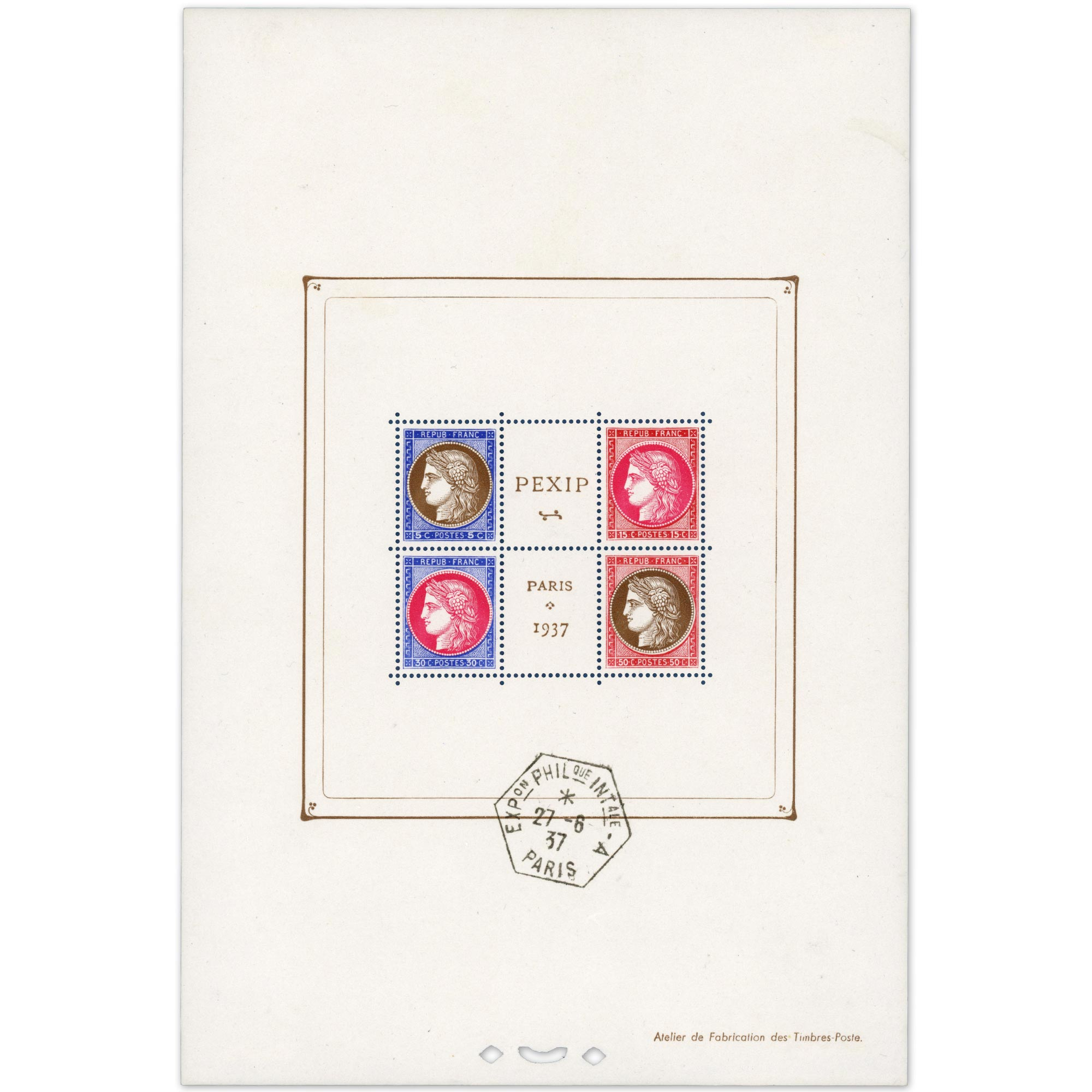 BLOC-FEUILLET N°3 PEXIP ANNÉE 1937 PARTIE CENTRALE NEUVE** COTE 450€