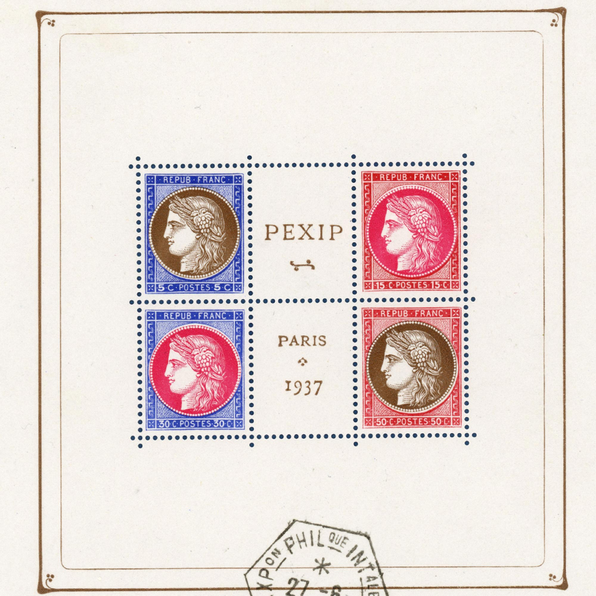 BLOC-FEUILLET N°3 PEXIP ANNÉE 1937 PARTIE CENTRALE NEUVE** COTE 450€