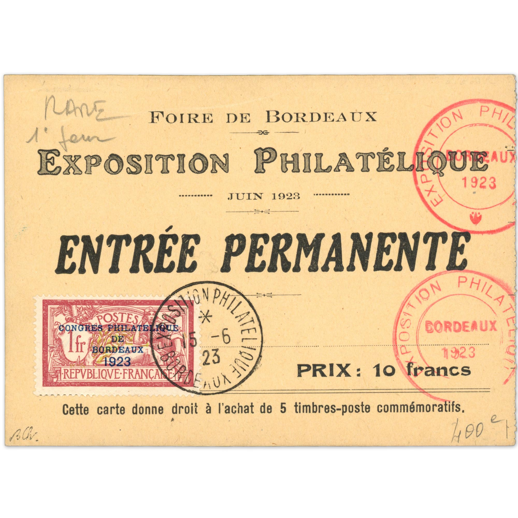 TIMBRE N°182 OBLITÉRÉ SUR DOCUMENT SURCHARGÉ DE BORDEAUX 1923 SIGNÉ BRUN