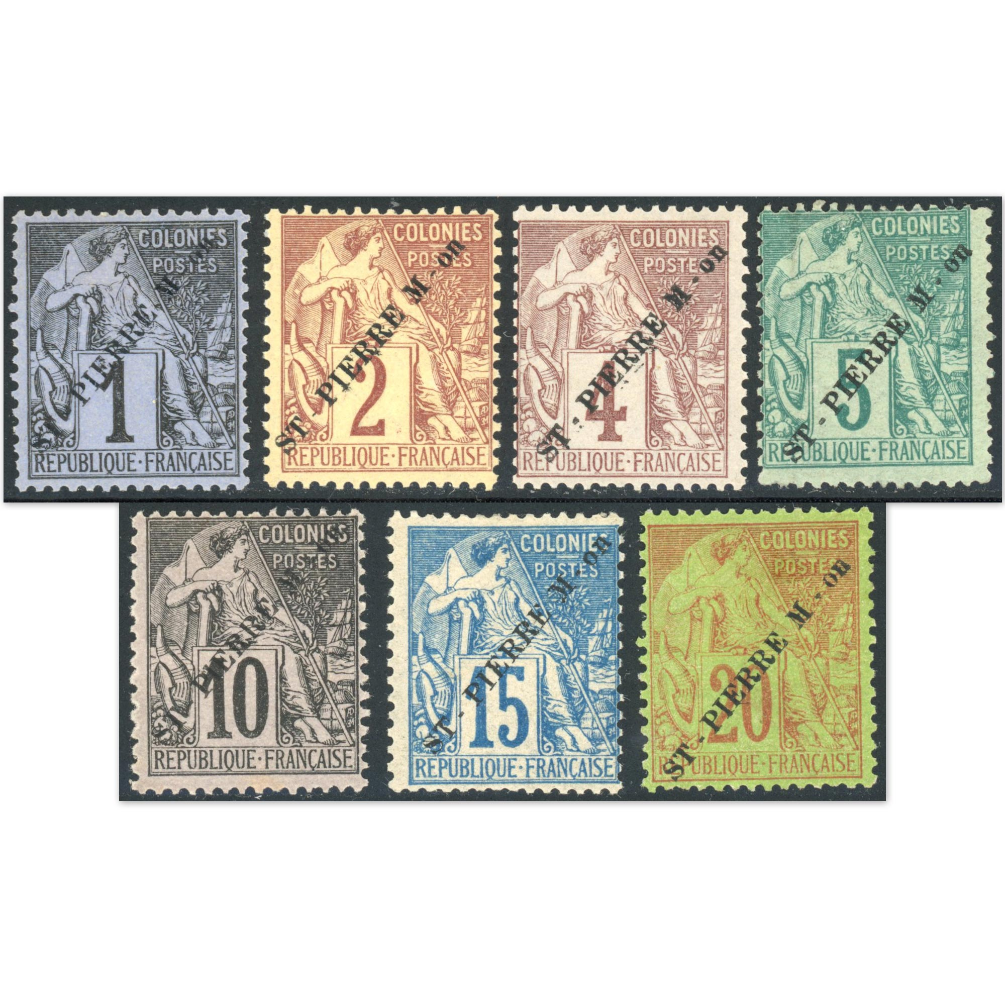 SAINT PIERRE ET MIQUELON N°18 À 24 COLONIES FR TIMBRES SURCHARGÉS NEUFS COTE 399€