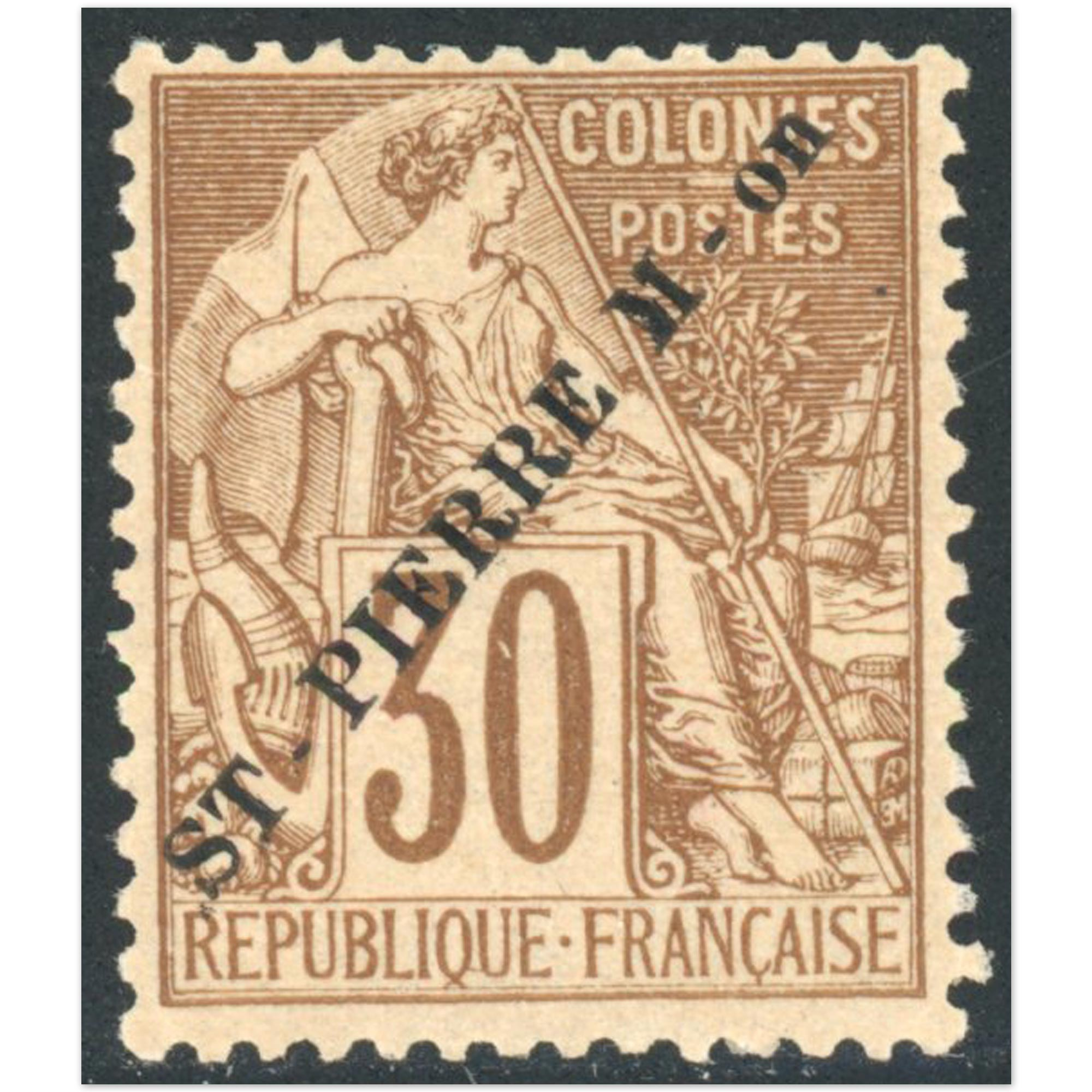 SAINT PIERRE ET MIQUELON N°26 COLONIES FR TIMBRE SURCHARGÉ COTE 210€ SIGNÉ BRUN