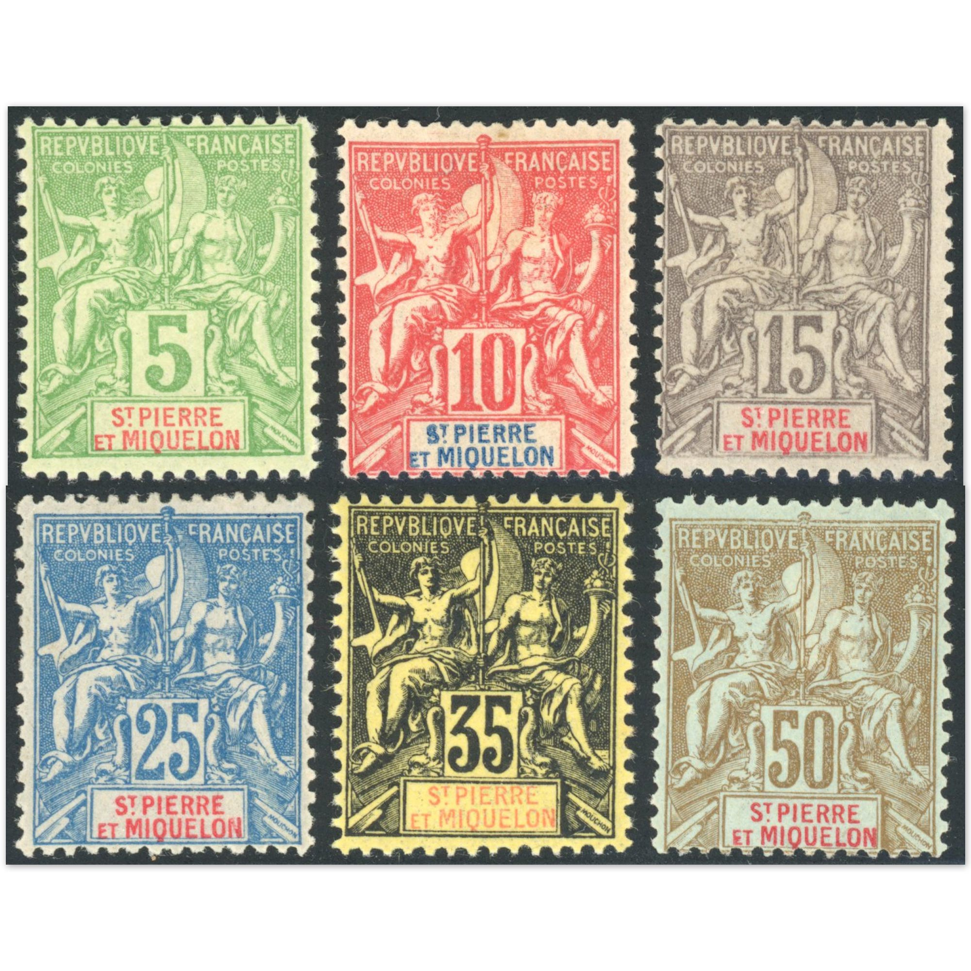 SAINT PIERRE ET MIQUELON N°72 À 77 SÉRIE COMPLÈTE TIMBRES COLONIES FR COTE 250€