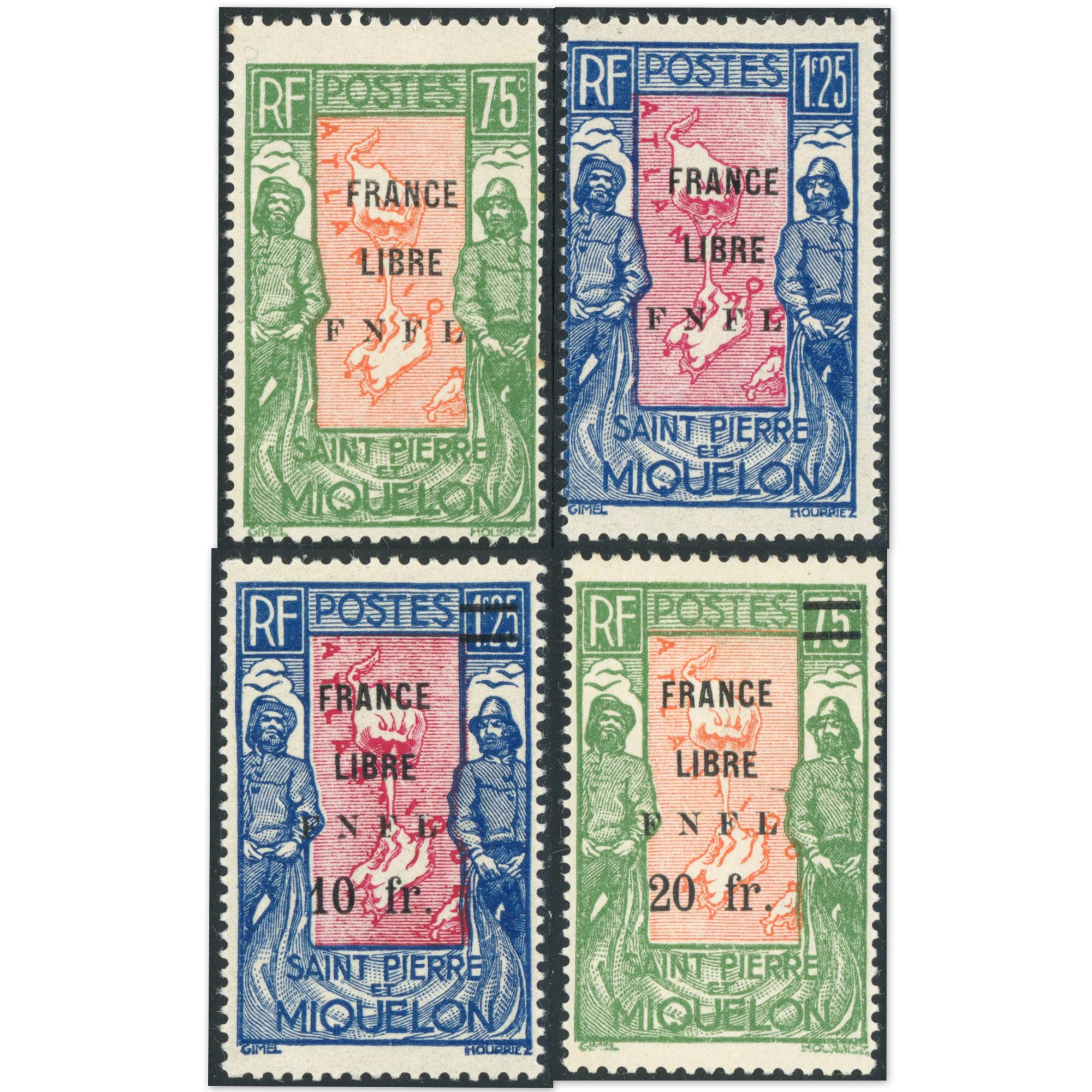 SAINT PIERRE ET MIQUELON N°286-287-289-290 SURCHARGÉ FRANCE LIBRE TIMBRES NEUFS