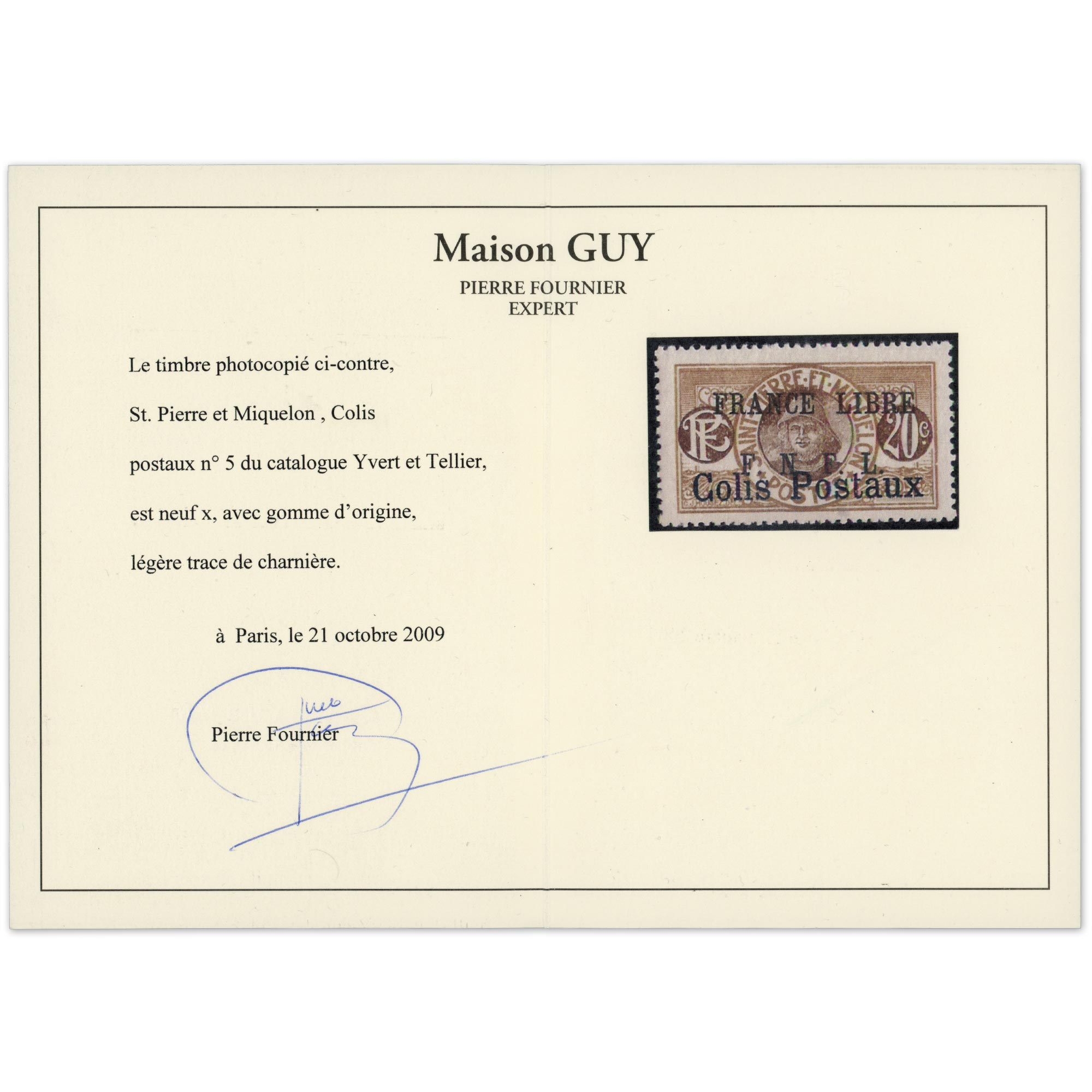 SPM TIMBRE POUR COLIS POSTAUX N°5 NEUF* COTE 1500€ SIGNÉ CALVES AVEC CERTIFICAT