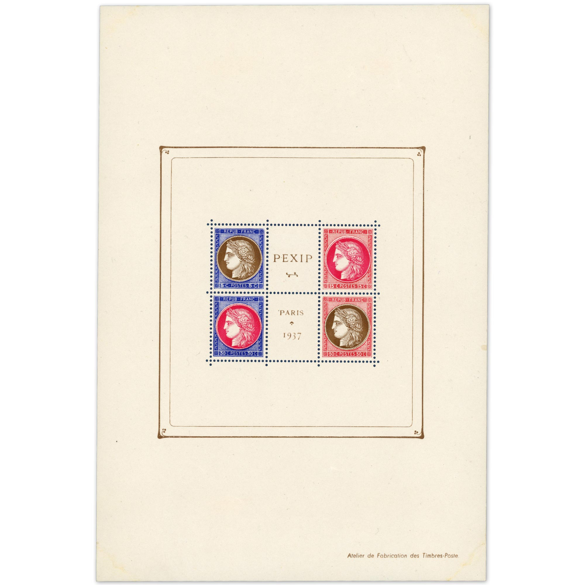 BLOC N°3 PEXIP ANNÉE 1937 TIMBRES DE FRANCE NEUFS GOMME ALTÉRÉE COTE 800€