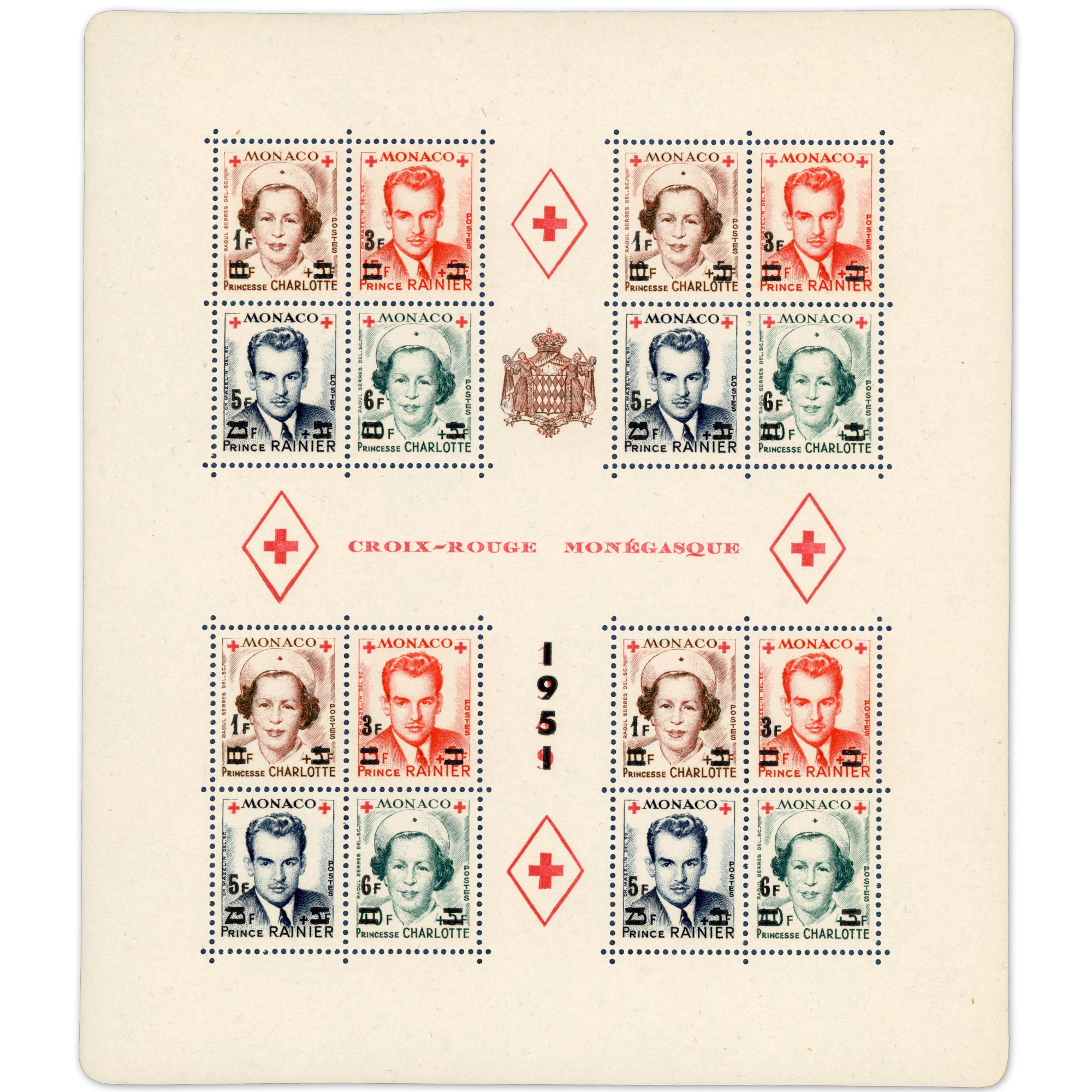 MONACO BLOC N°4A DENTELÉ CROIX-ROUGE TIMBRES NEUFS** ANNÉE 1951 COTE 570€