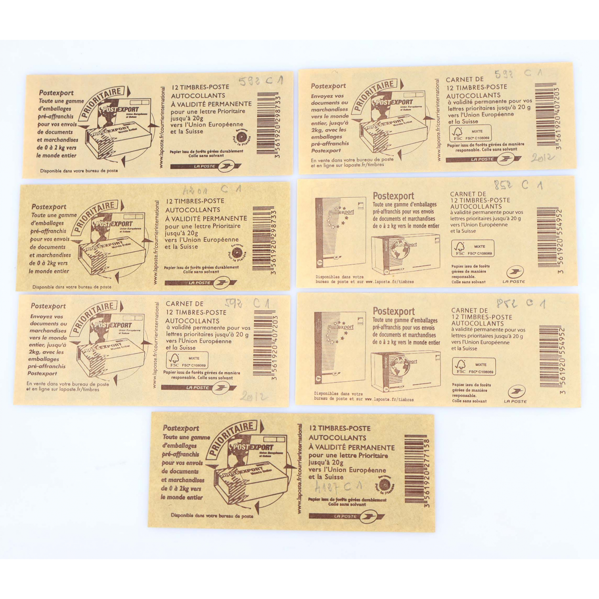 LOT DE 7 CARNETS DE 12 TIMBRES VP EUROPE LETTRE 20G AVEC INSCRIPTIONS AU DOS