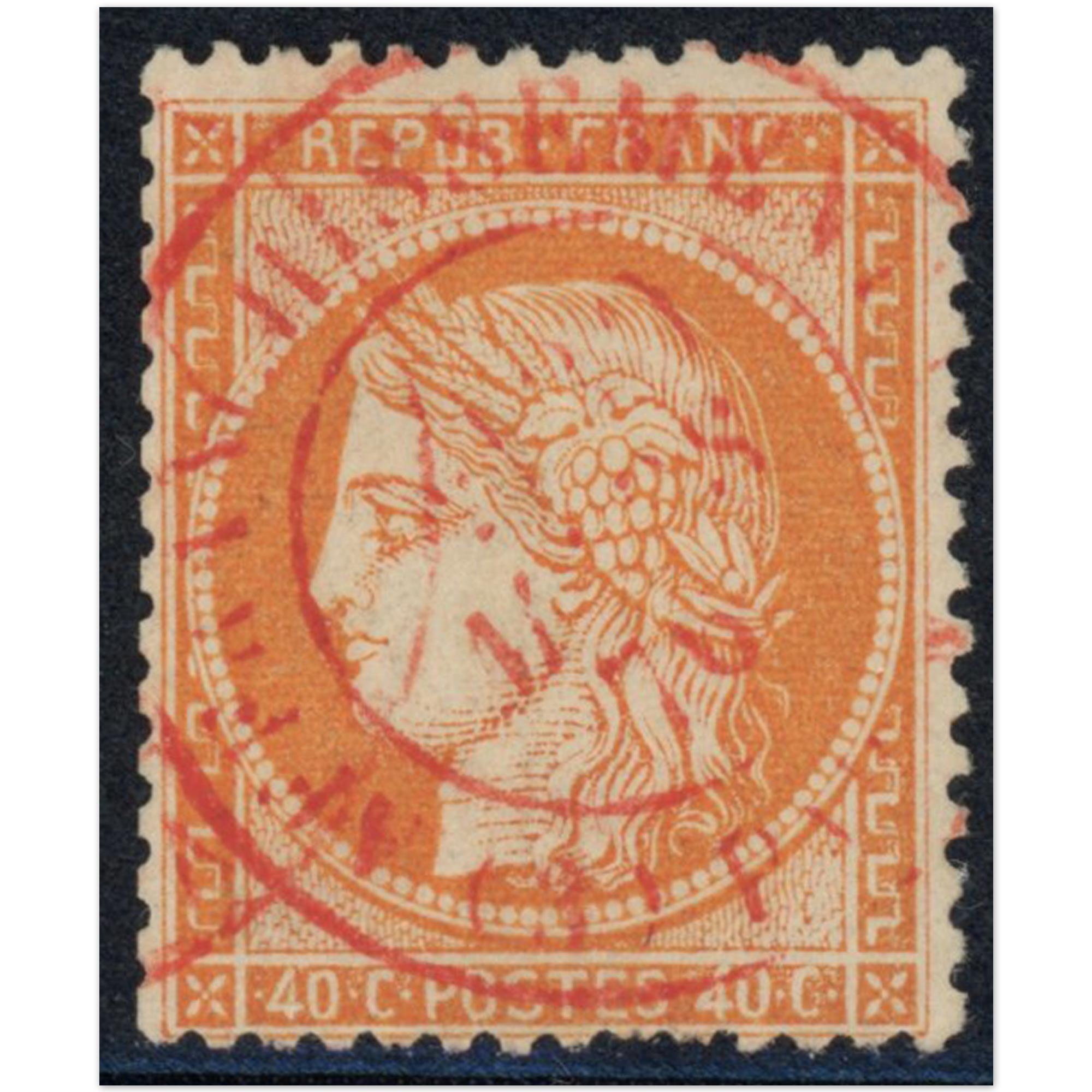OBLITÉRATION ATYPIQUE CACHET ROUGE N°38 TIMBRE OBLITÉRÉ DE 1870 TRÈS BON ÉTAT