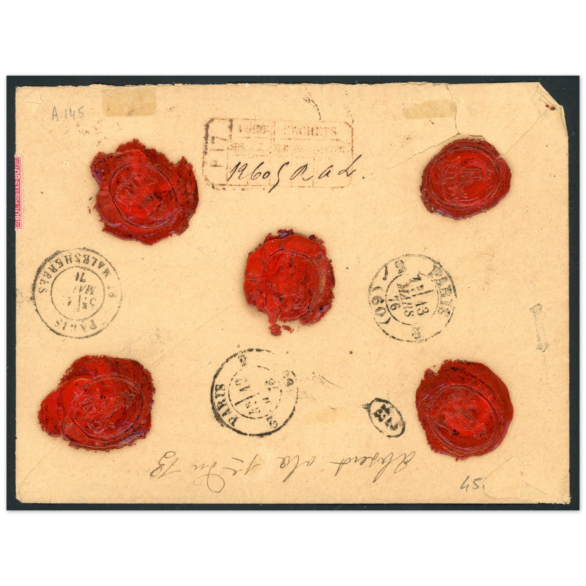 ENVELOPPE AVEC BANDE DE 5 TIMBRES FRANCAIS N°57 + ÉTOILES DE PARIS, RARE, 1876