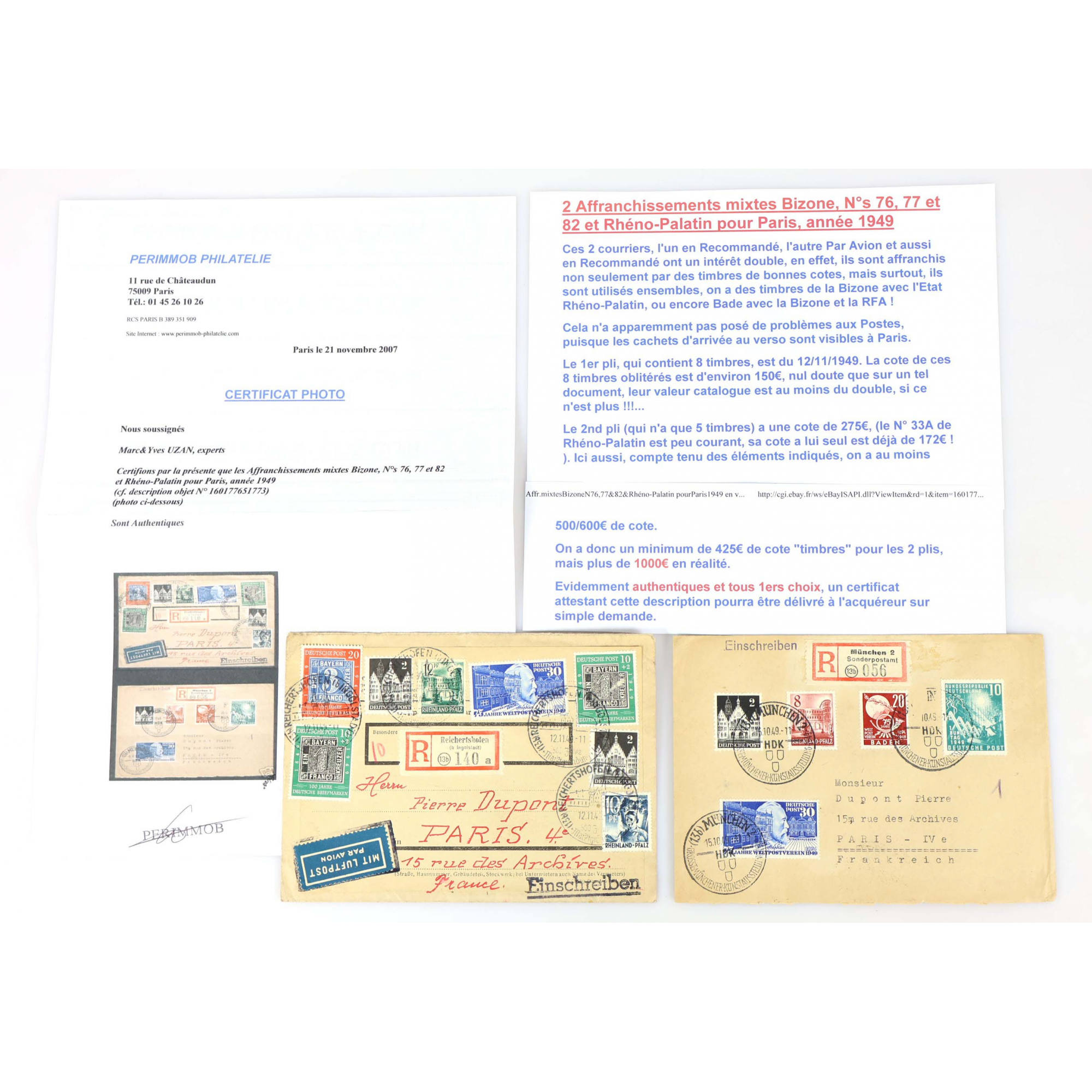 2 ENVELOPPES ALLEMAGNE BIZONE BADE ET RHÉNOPALATIN RECOMMANDÉES DE 1949 BELLE COTE