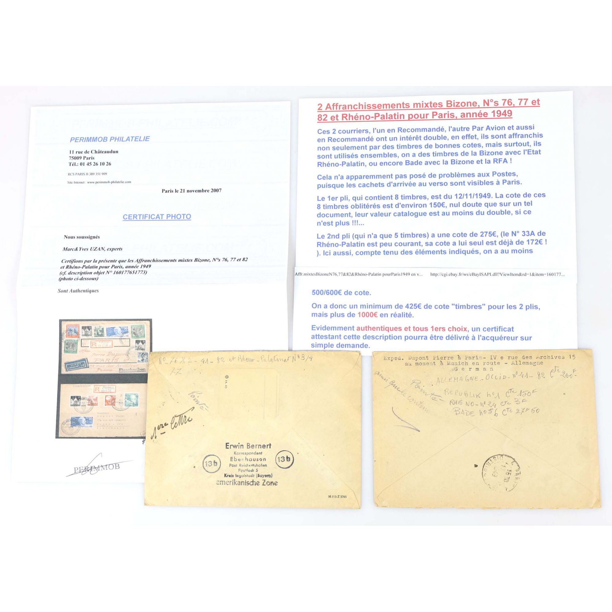 2 ENVELOPPES ALLEMAGNE BIZONE BADE ET RHÉNOPALATIN RECOMMANDÉES DE 1949 BELLE COTE