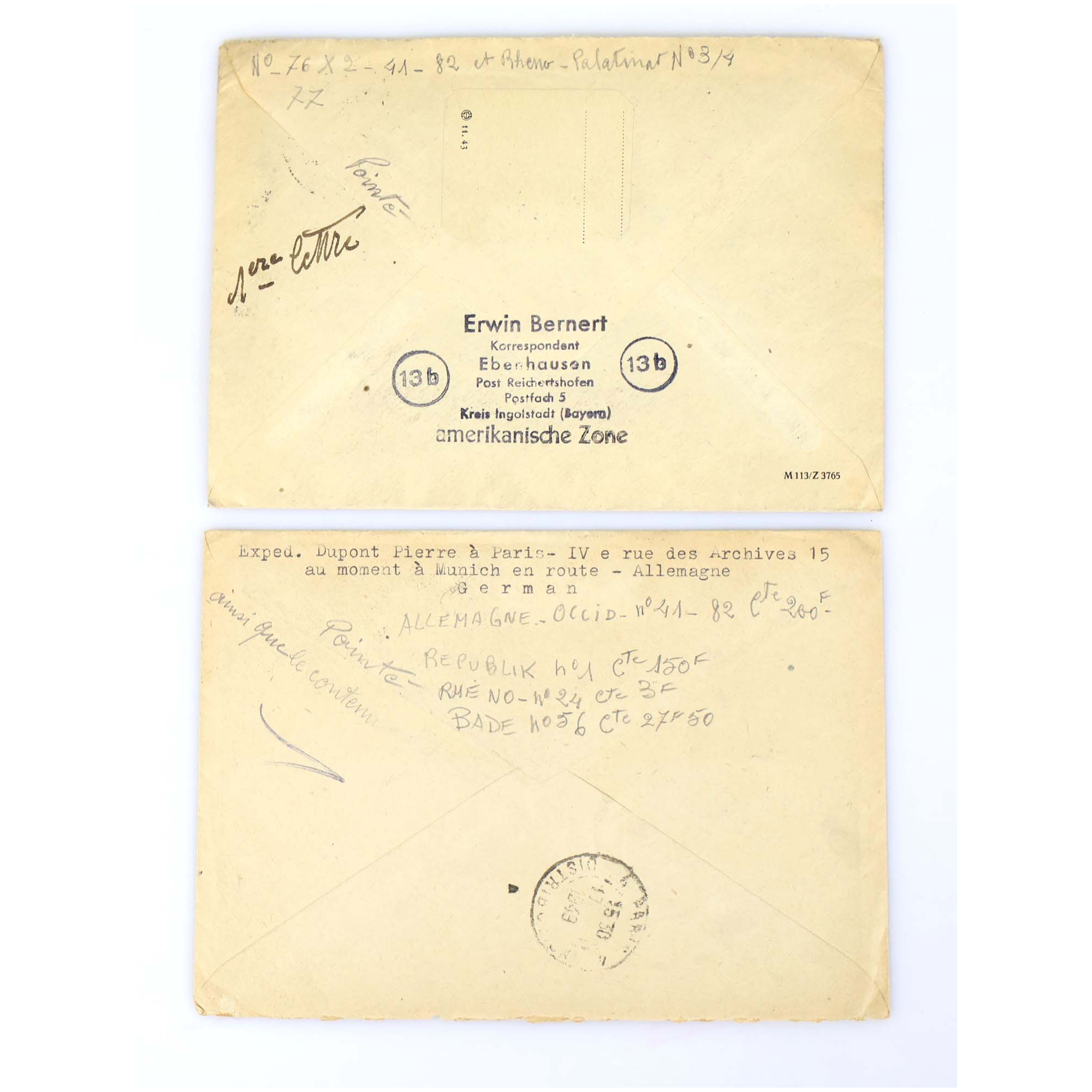 2 ENVELOPPES ALLEMAGNE BIZONE BADE ET RHÉNOPALATIN RECOMMANDÉES DE 1949 BELLE COTE
