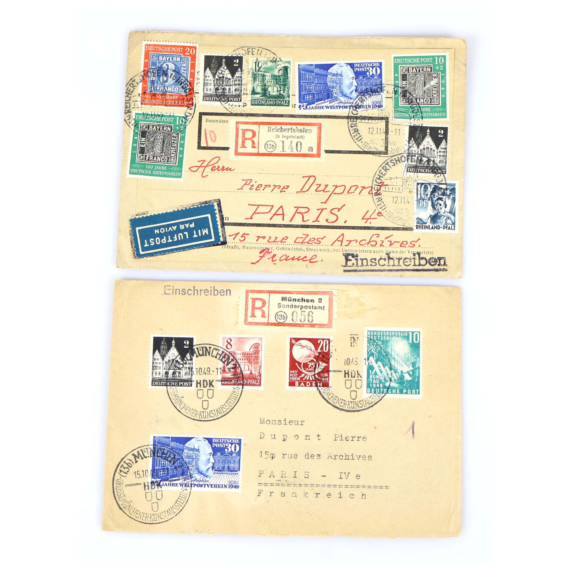 2 ENVELOPPES ALLEMAGNE BIZONE BADE ET RHÉNOPALATIN RECOMMANDÉES DE 1949 BELLE COTE
