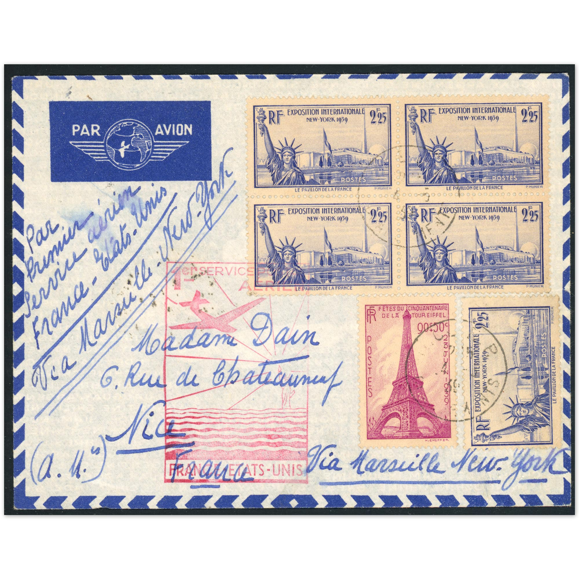 ENVELOPPE 1ER SERVICE AÉRIEN FRANCE/ ÉTATS-UNIS DU 27/05/1939 AFFR RARE