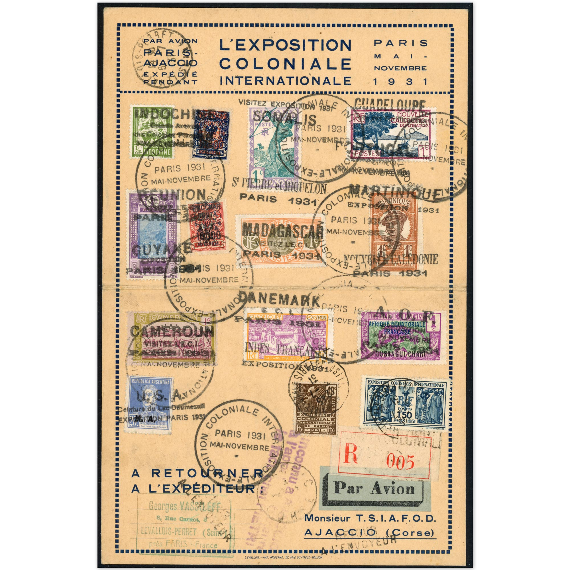 EXEMPLAIRE UNIQUE DE L'EXPOSITION COLONIALE DE PARIS DE 1931 TAMPONS OFFICIELS