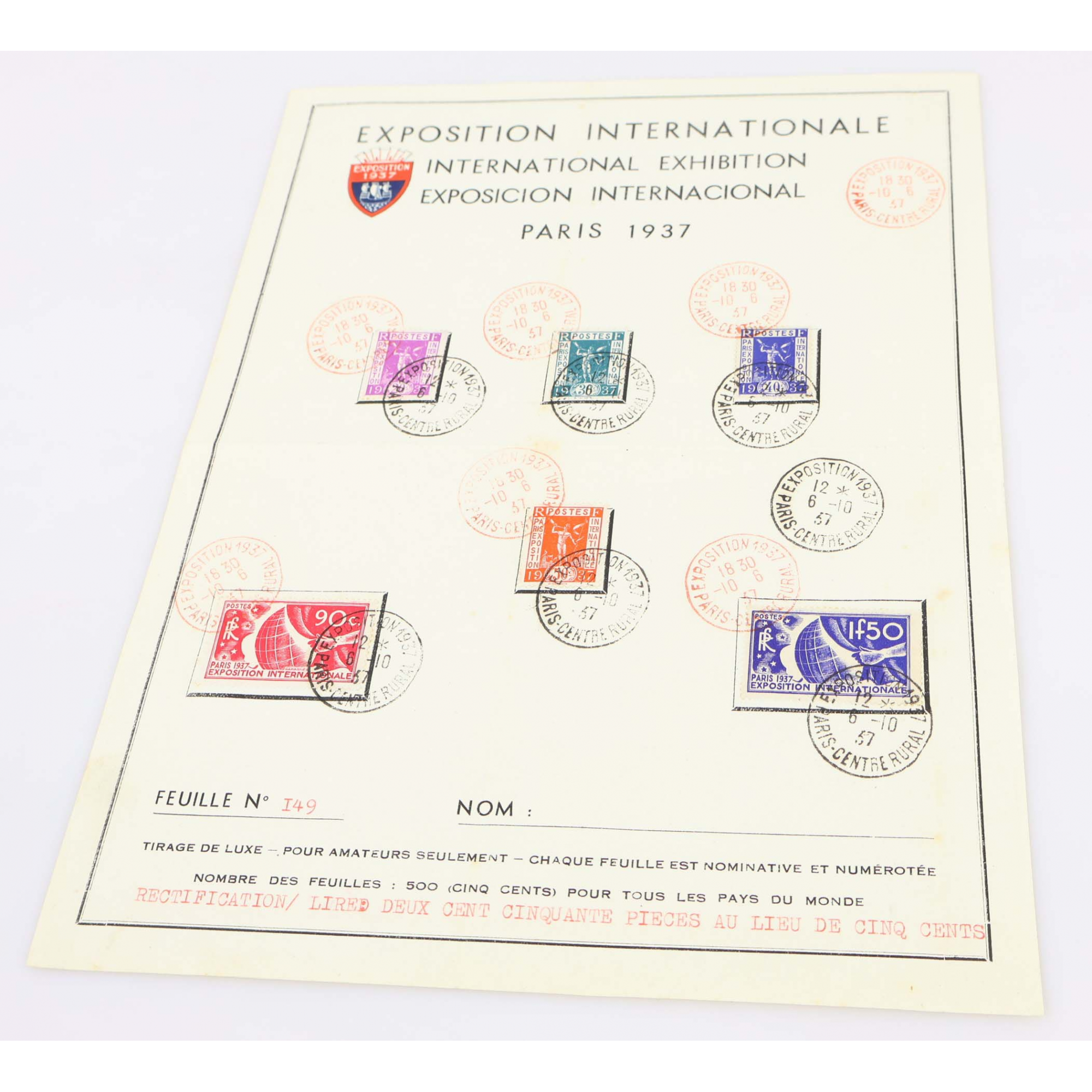 TIRAGE DE LUXE 250 EXEMPLAIRES EXPOSITION INTERNATIONALE DE PARIS DE 1937