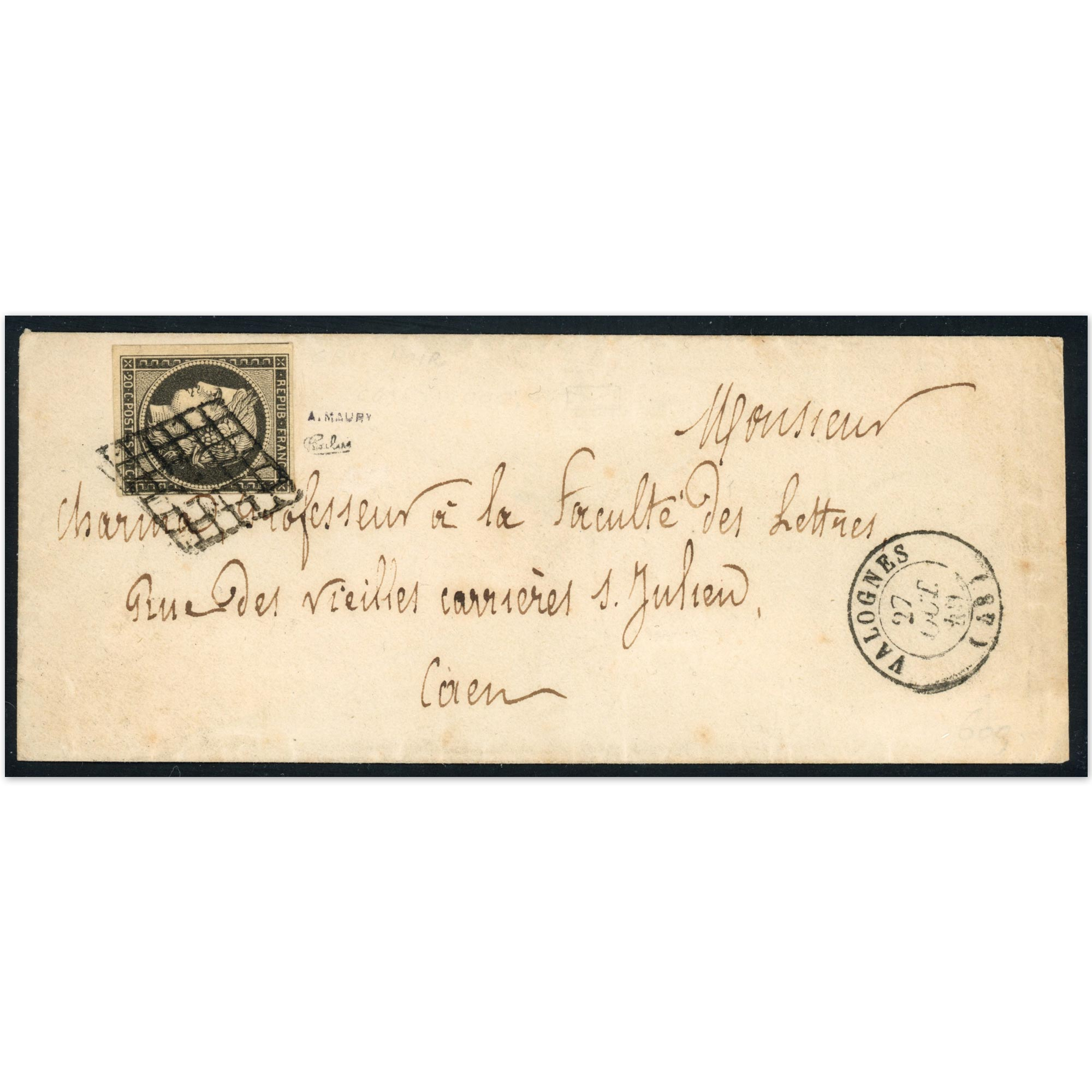 MAGNIFIQUE ENVELOPPE OBLITÉRÉE GRILLE N°3 SIGNÉE MAURY ET CALVES, RARE