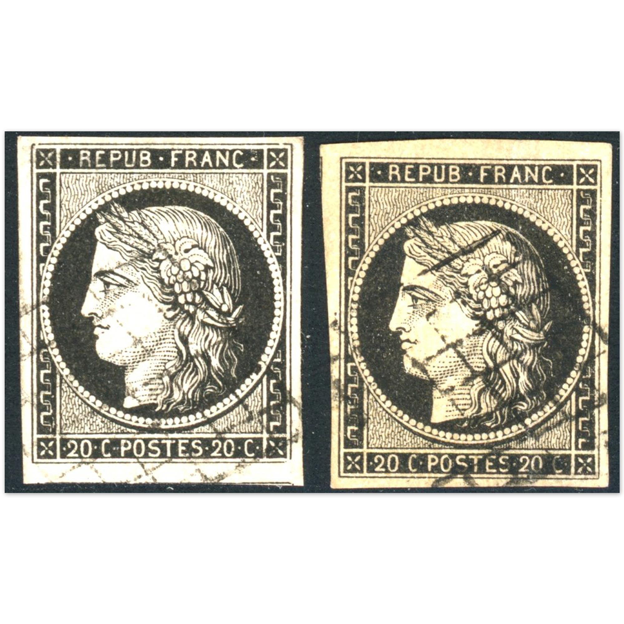 TIMBRES CÉRÈS N°3 CLASSIQUES DE FRANCE DE 1849 EXCELLENT ETAT NOIR ET NOIR/JAUNE