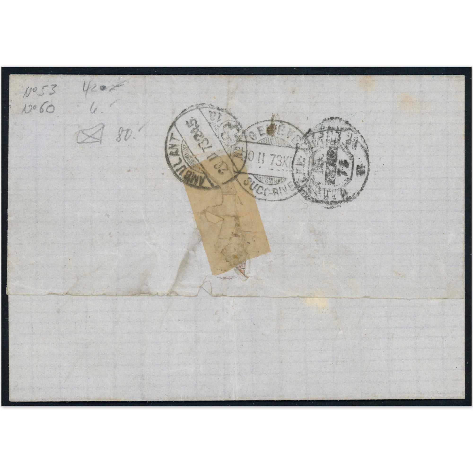 LETTRE TIMBRÉE DE 1873 AVEC TIMBRES 53 ET 60A OBLITÉRATION GROS CHIFFRES