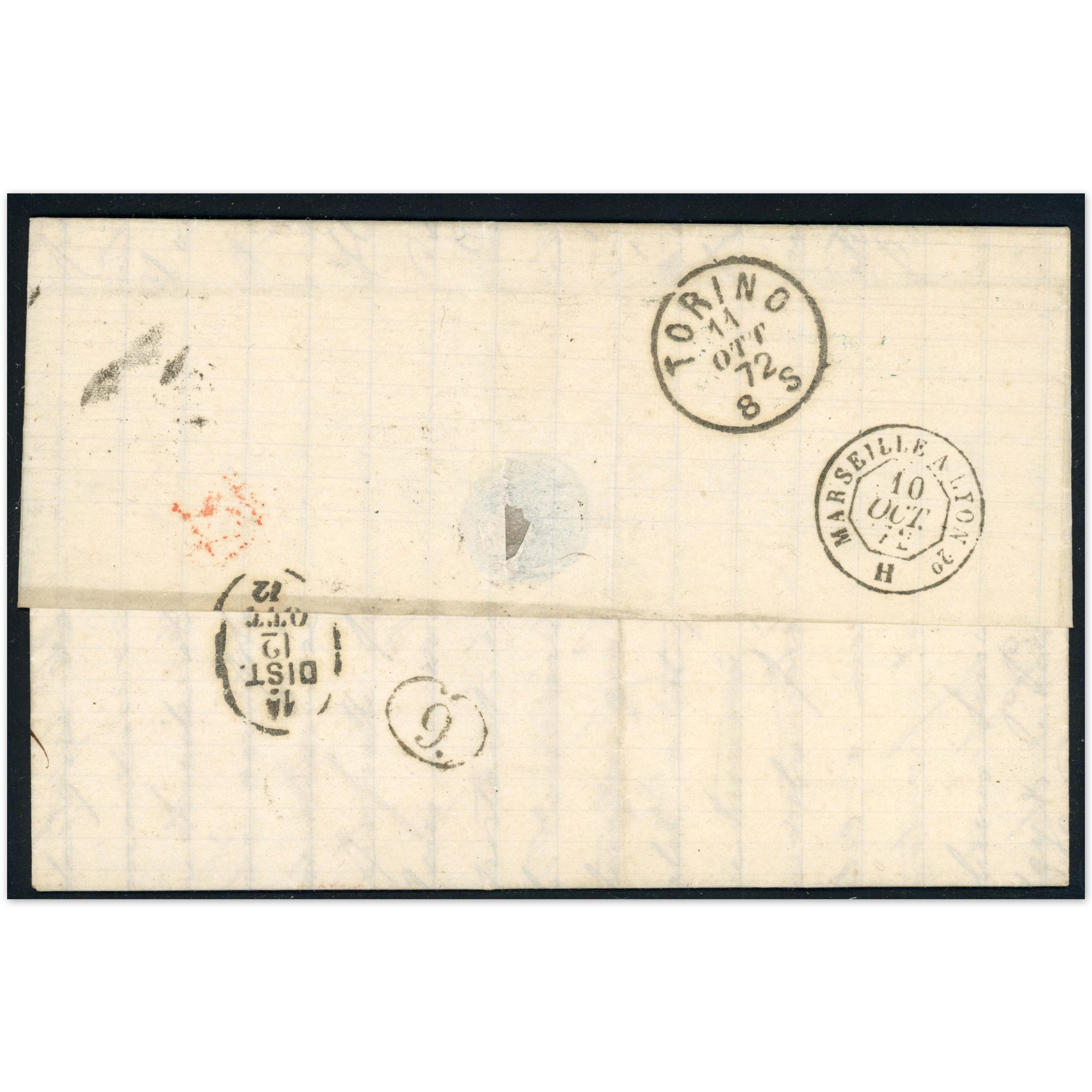 LETTRE TIMBRÉE DE 1872 AVEC TIMBRE N°38 OBL GROS CHIFFRES MARSEILLE-TURIN