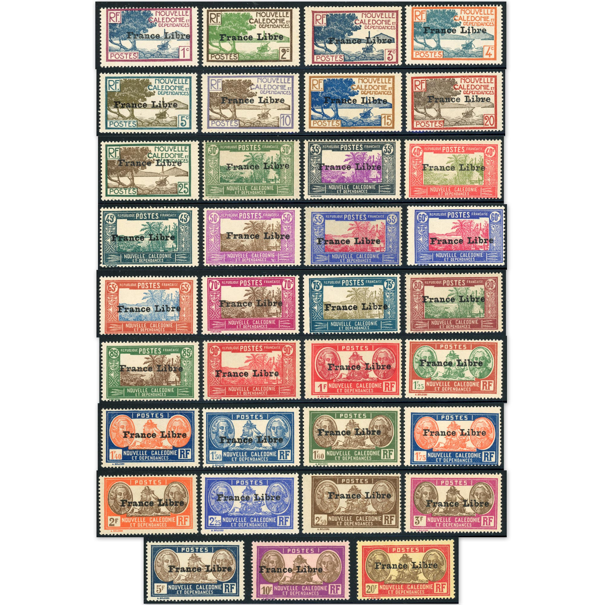 NC FRANCE LIBRE N°195 À 229 SÉRIE COMPLÈTE DE 35 TIMBRES NEUFS GOMMES PARTIELLES