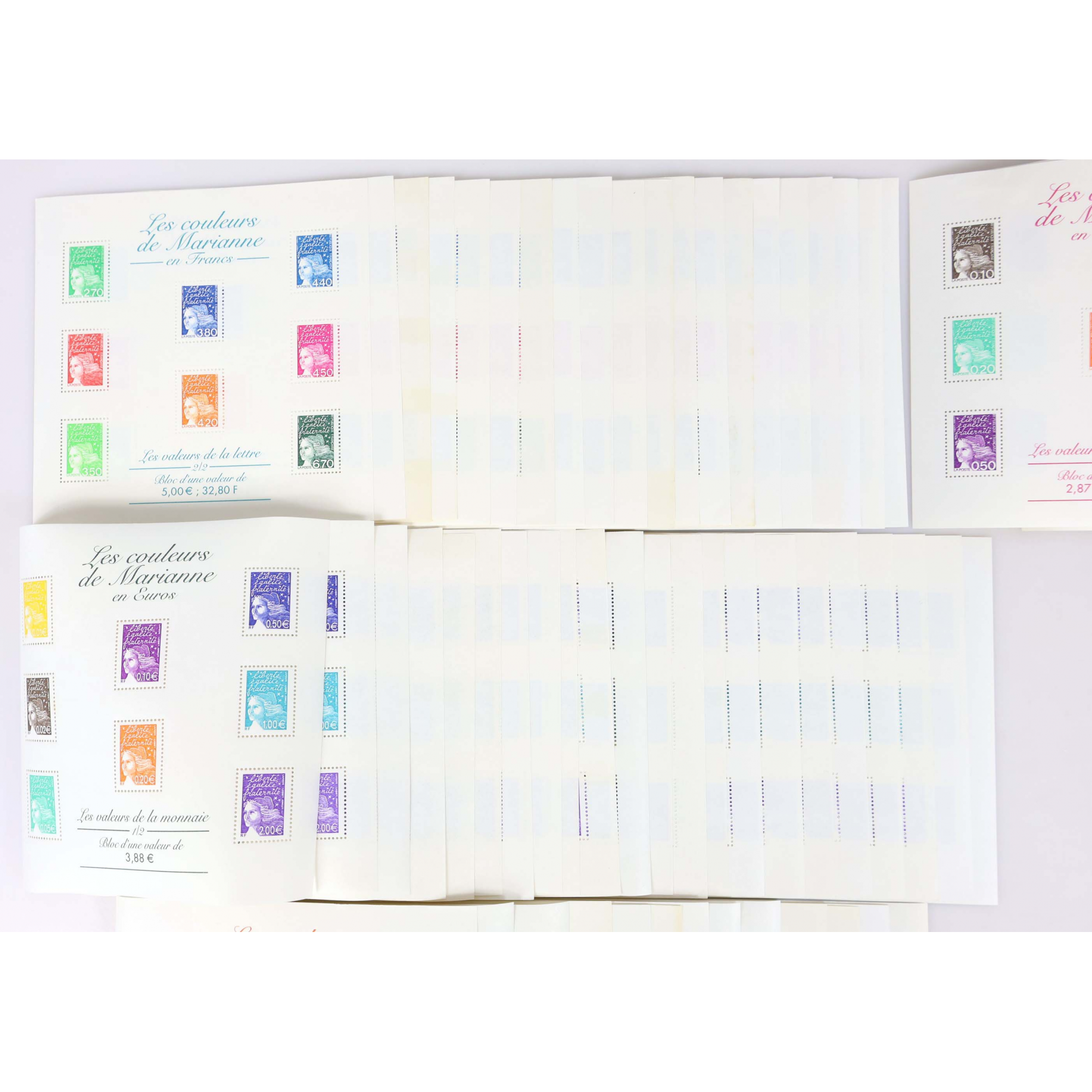 LOT BLOCS DE TIMBRES EN EUROS AVEC DÉFAUTS POUR AFFRANCHIR, FACIALE 297.73€