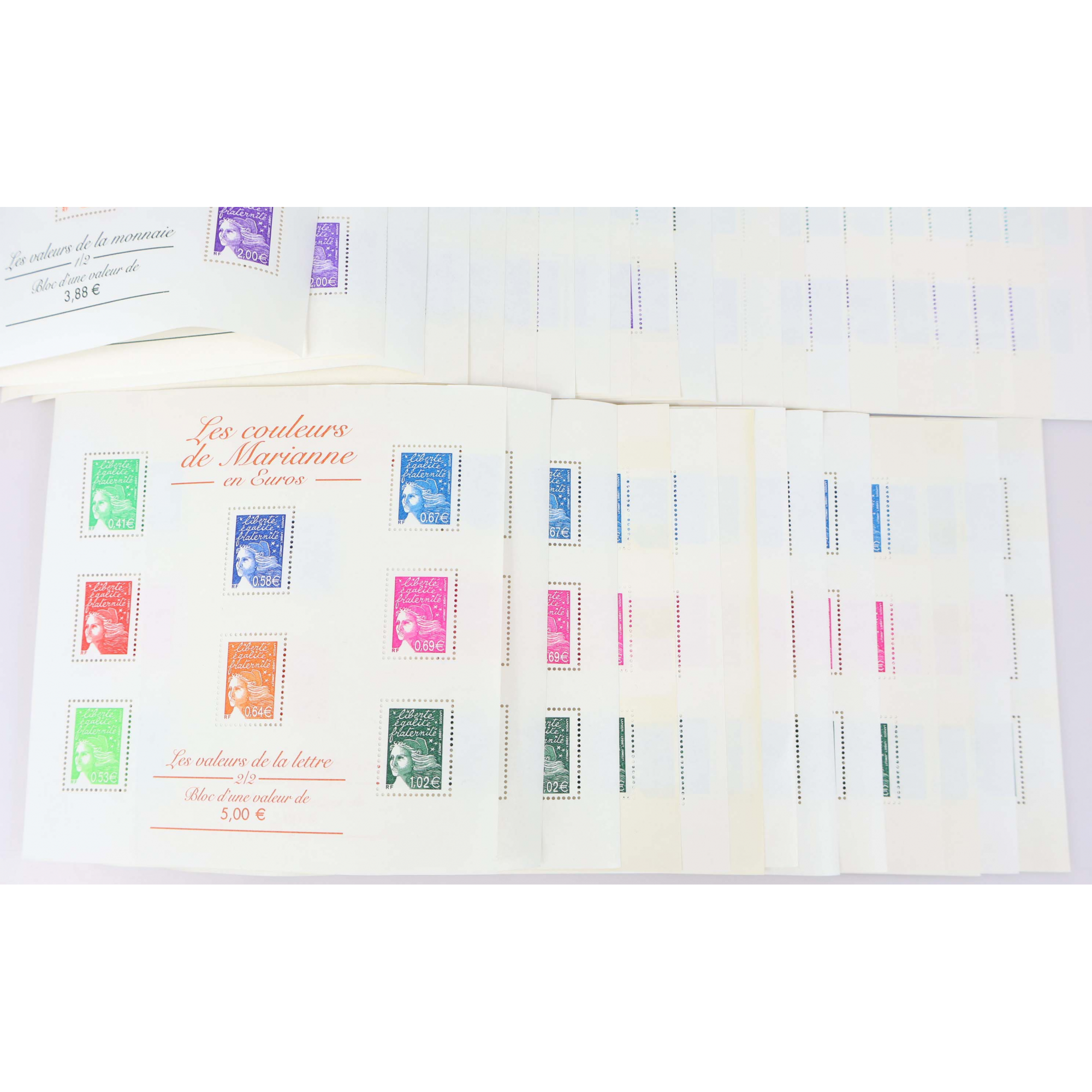 LOT BLOCS DE TIMBRES EN EUROS AVEC DÉFAUTS POUR AFFRANCHIR, FACIALE 297.73€