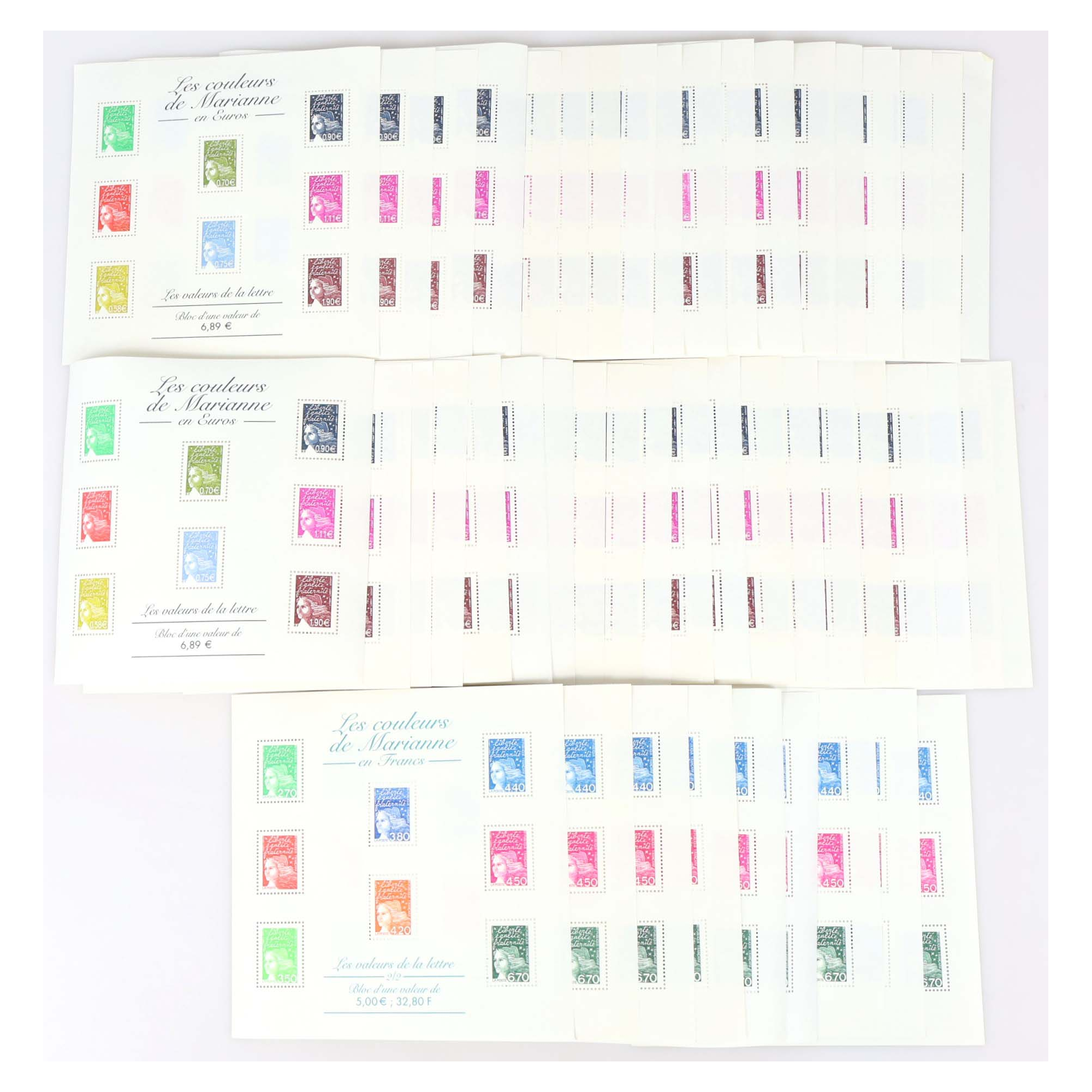 LOT BLOCS FEUILLET TIMBRES EN EUROS AVEC DÉFAUTS POUR AFFRANCHIR, FACIALE 329€