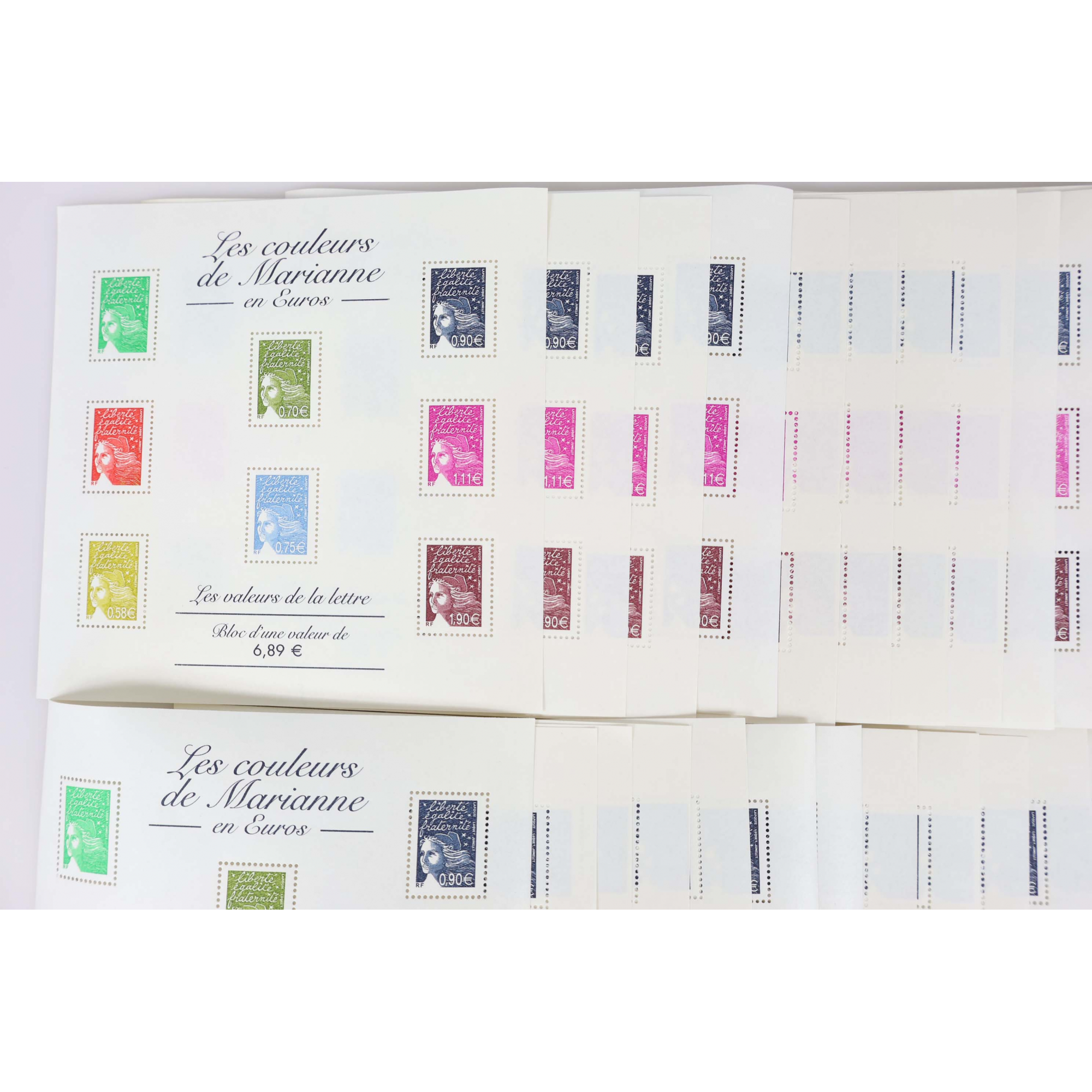 LOT BLOCS FEUILLET TIMBRES EN EUROS AVEC DÉFAUTS POUR AFFRANCHIR, FACIALE 329€