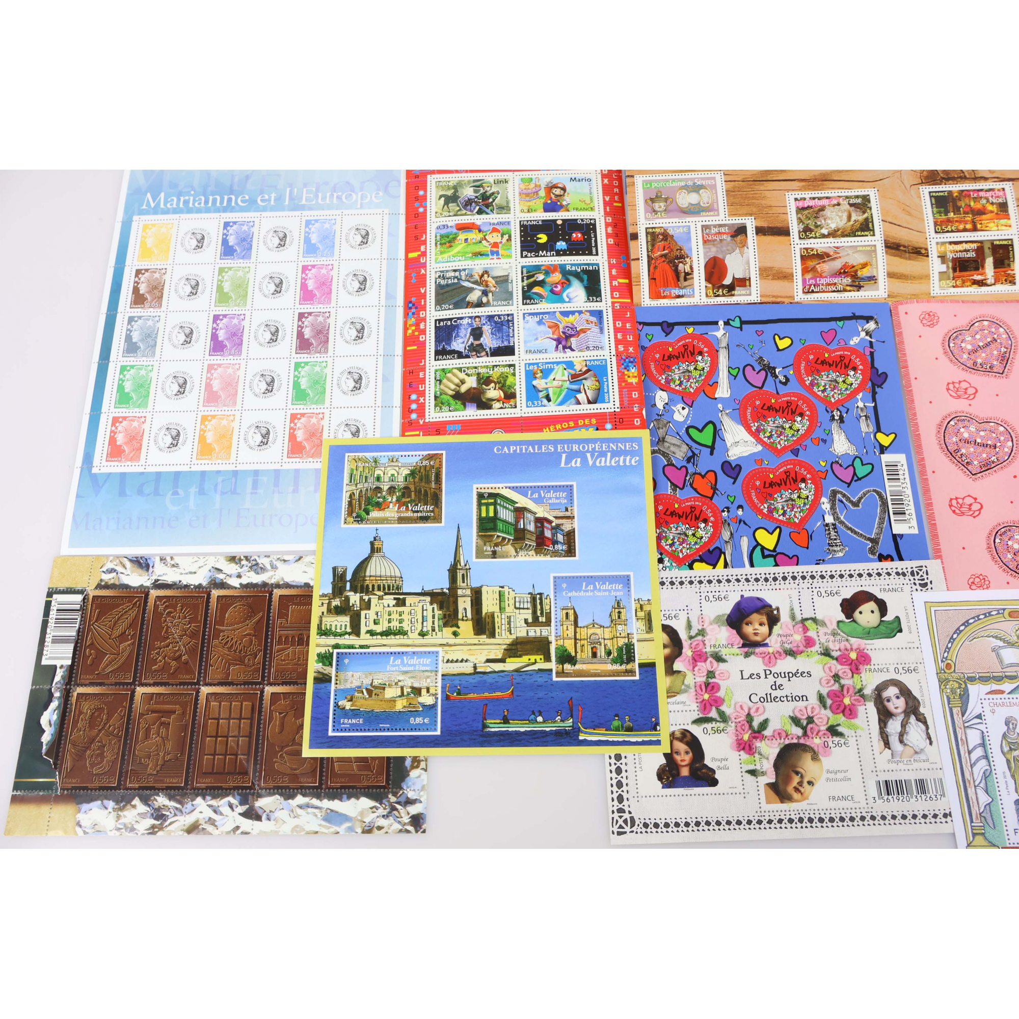 LOT BLOCS FEUILLET TIMBRES EN EUROS AVEC DÉFAUTS POUR AFFRANCHIR, FACIALE 80€