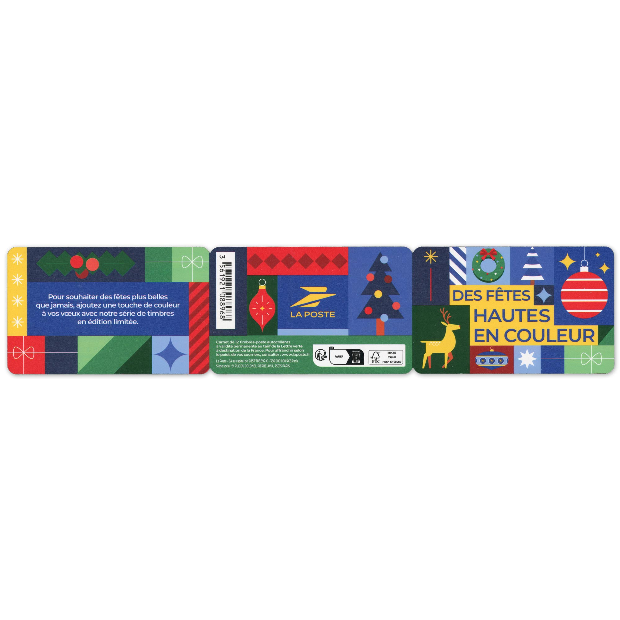 CARNET AUTOADHÉSIF 2025 NON PLIÉ "DES FÊTES HAUTES EN COULEUR" LETTRE FRANCE 20g