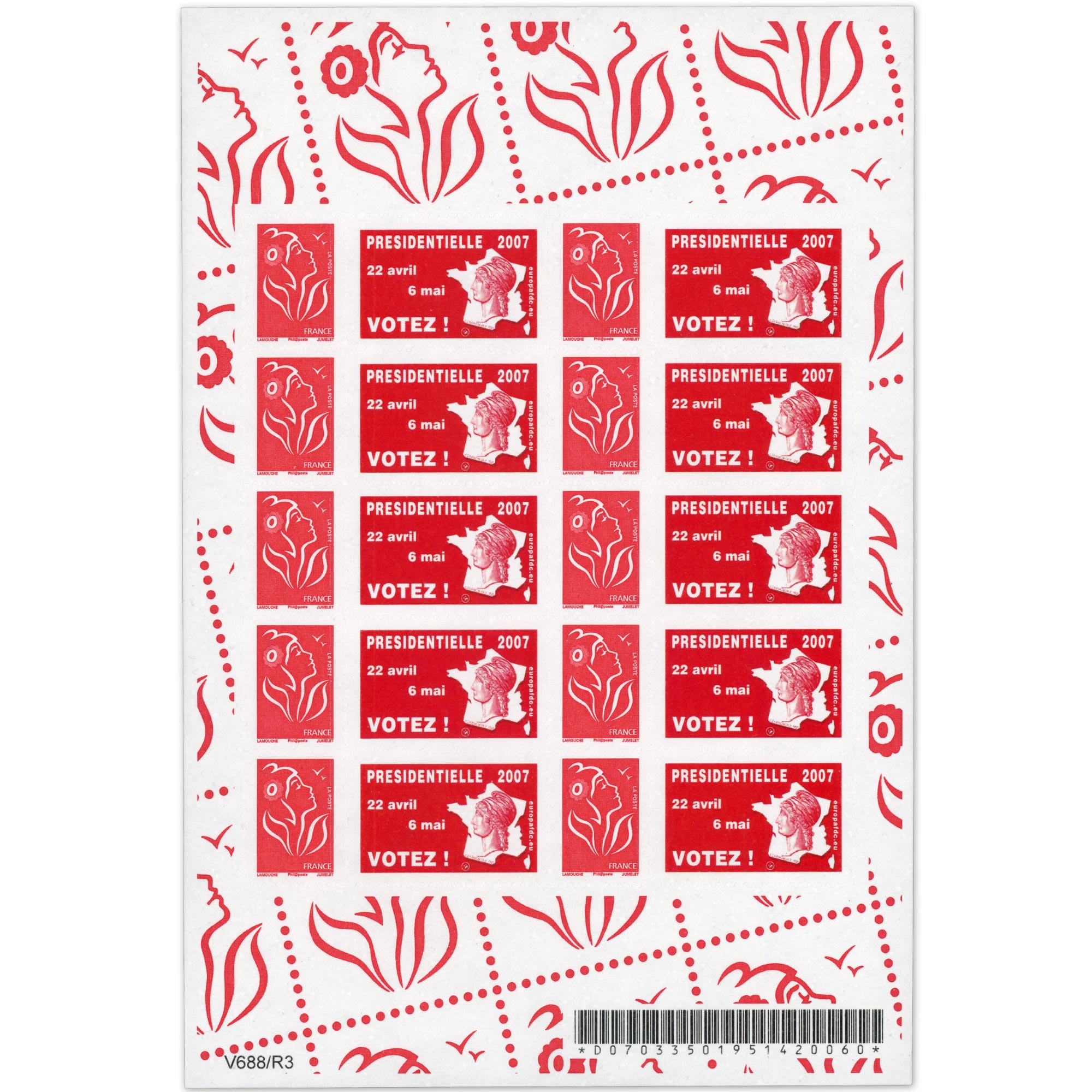 FEUILLE PERSONNALISÉE N°F3802Ab AUTOADHÉSIF VIGNETTE "PRÉSIDENTIELLE 2007"