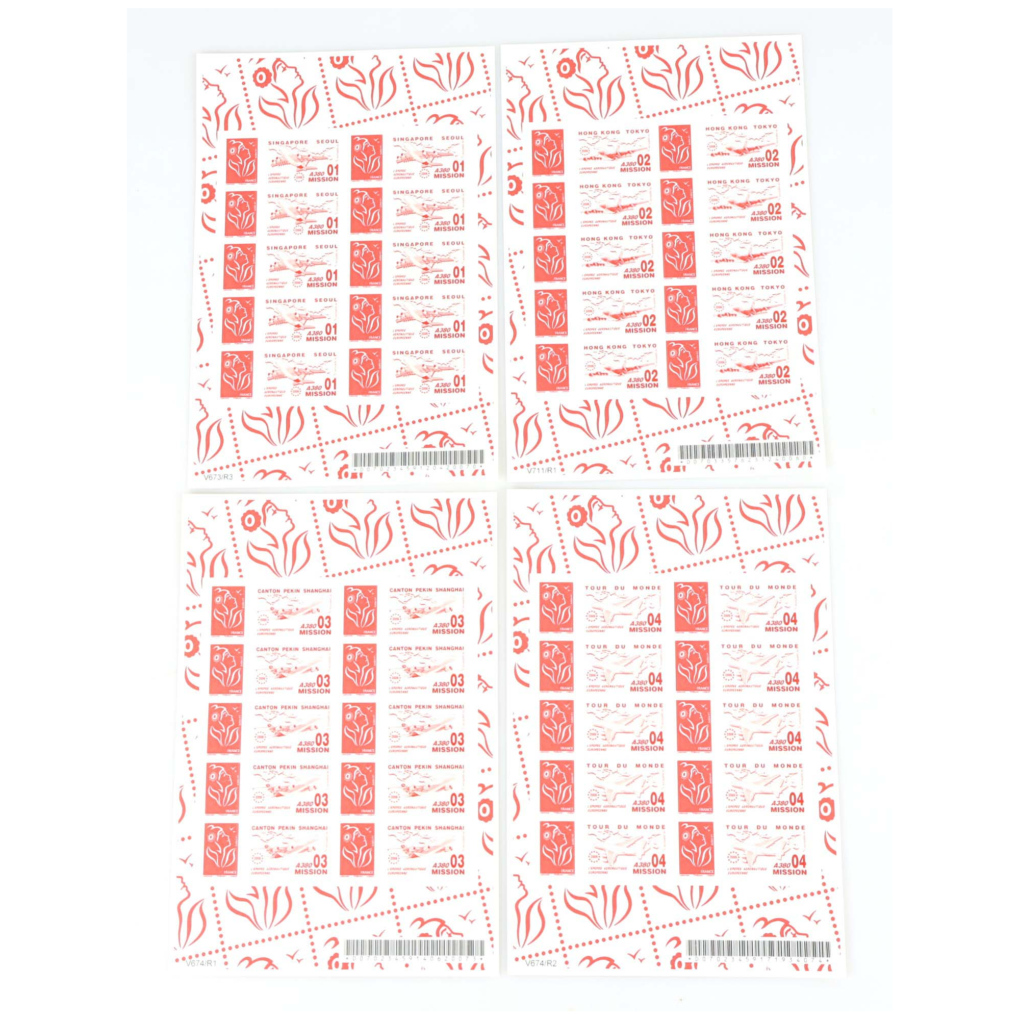 4 FEUILLES PERSONNALISÉES N°F3802Ab AUTOADHÉSIVES THÈME A380 1-4 COTE 440€