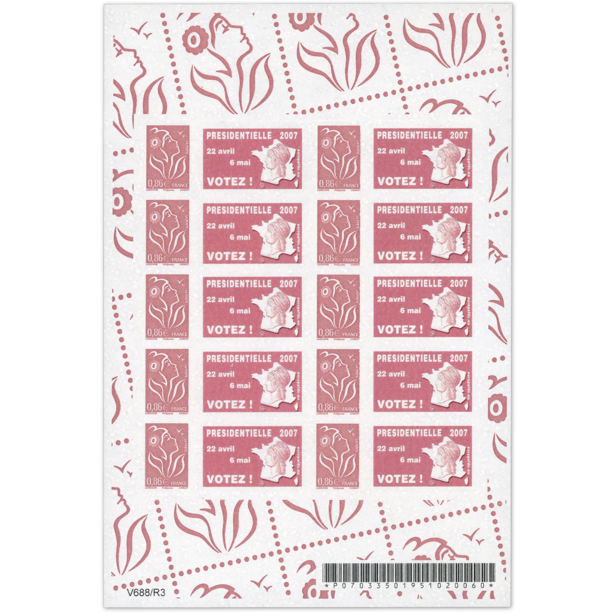 FEUILLE PERSONNALISÉE N°F3969Aa AUTOADHÉSIVE VIGNETTE "PRÉSIDENTIELLE 2007"