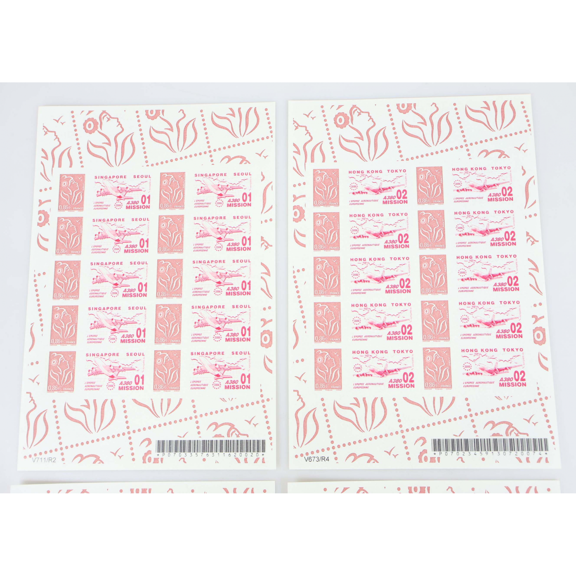 4 FEUILLES PERSONNALISÉES N°F3969Aa AUTOADHÉSIVES THÈME A380 1-4 COTE 960€