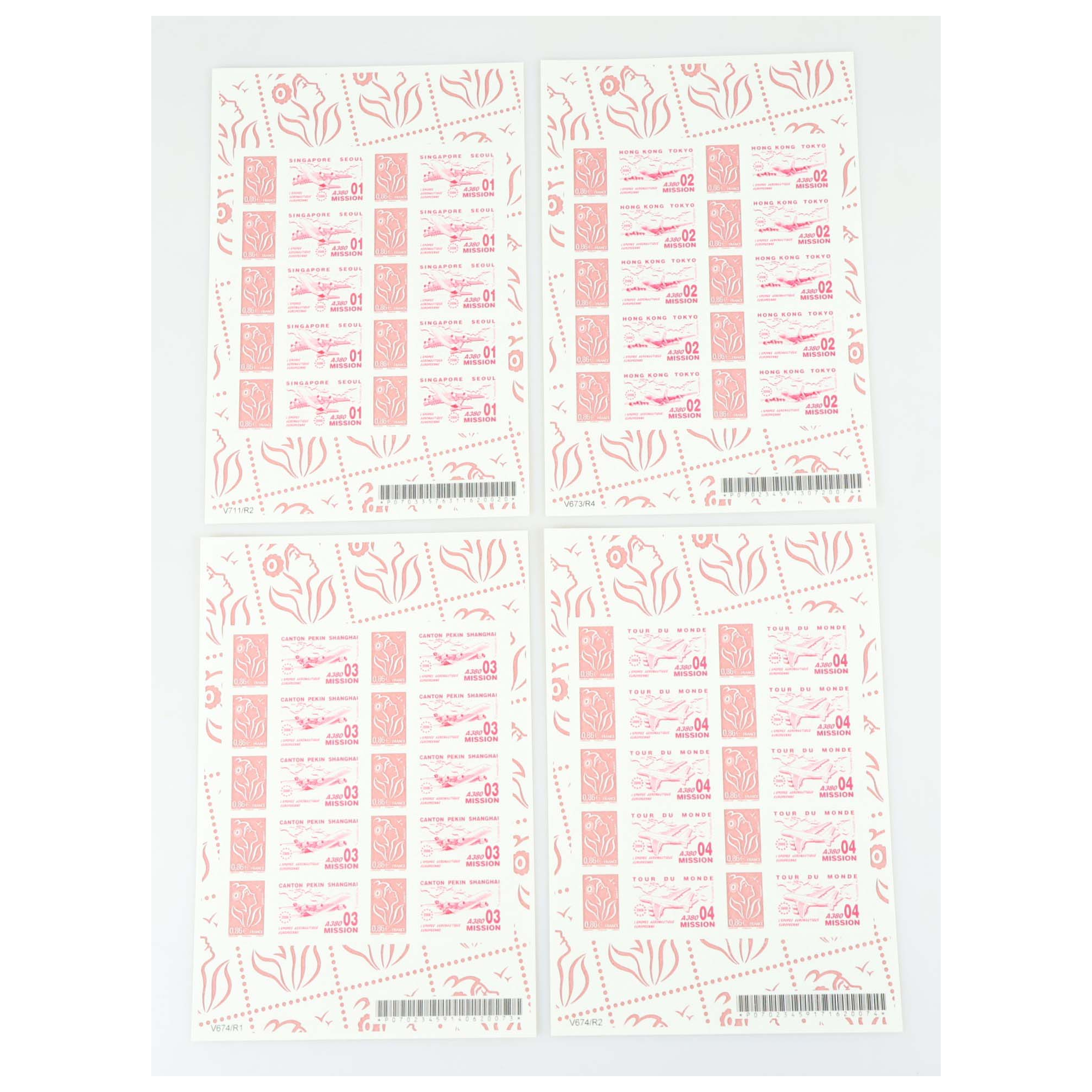 4 FEUILLES PERSONNALISÉES N°F3969Aa AUTOADHÉSIVES THÈME A380 1-4 COTE 960€