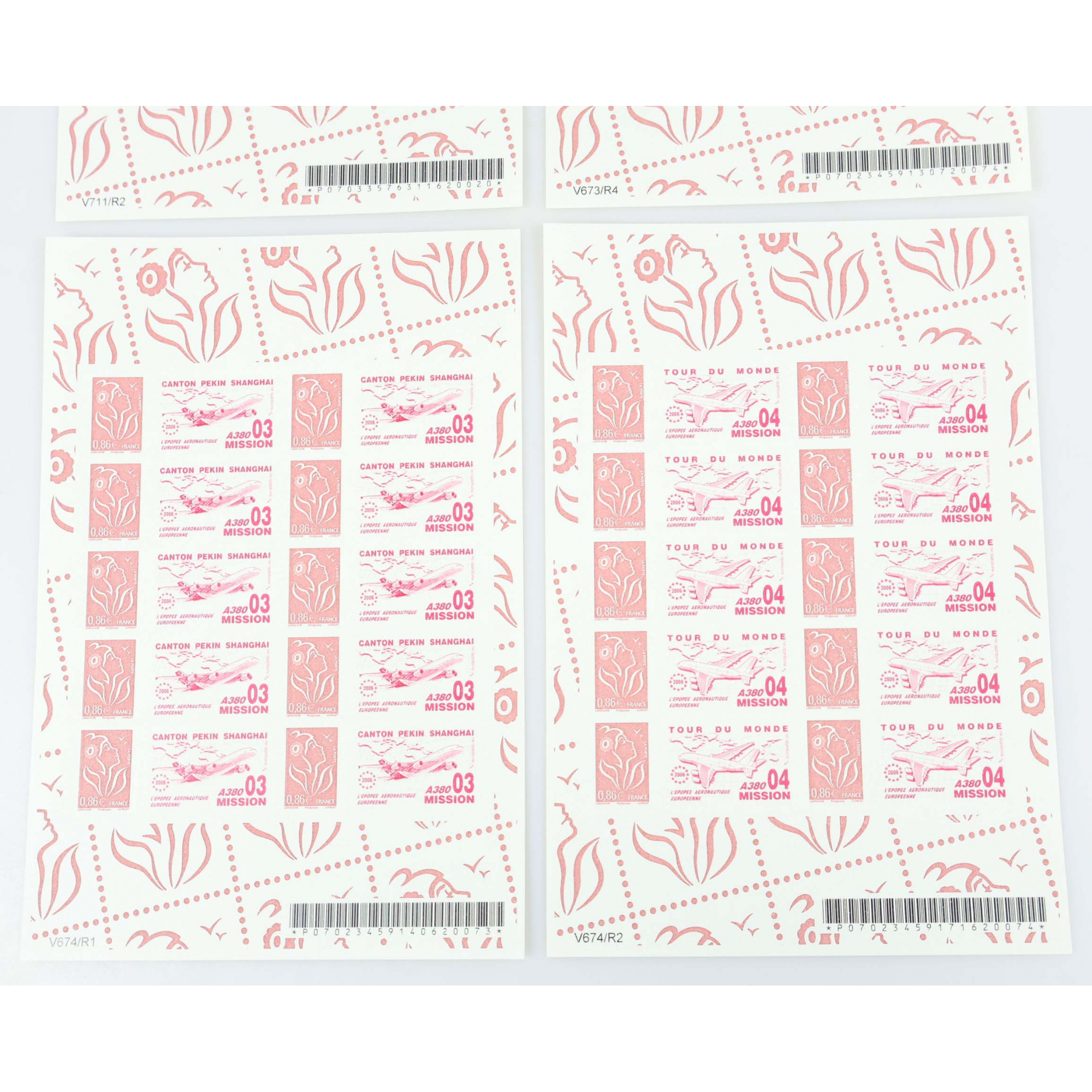 4 FEUILLES PERSONNALISÉES N°F3969Aa AUTOADHÉSIVES THÈME A380 1-4 COTE 960€