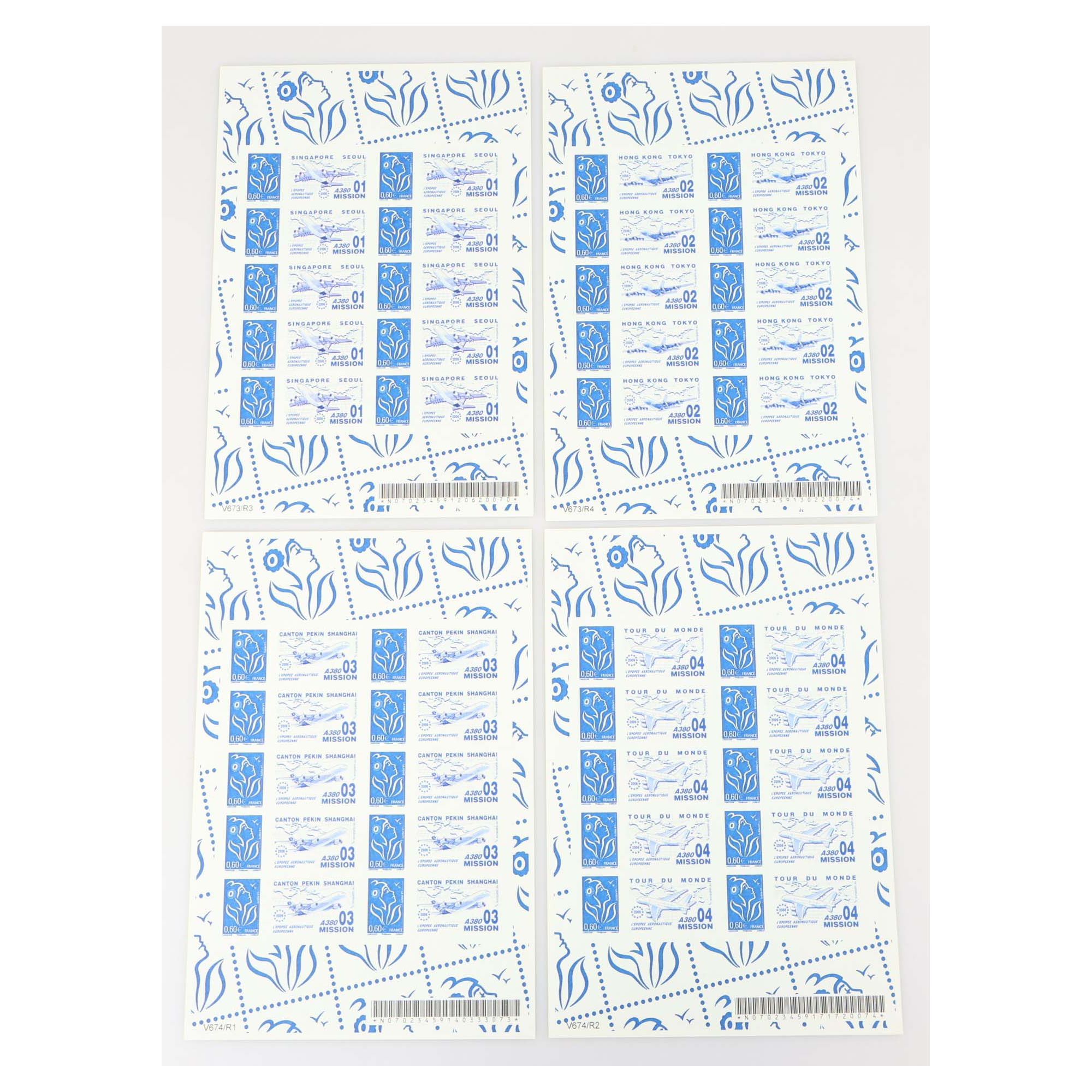 4 FEUILLES PERSONNALISÉES N°F3966Aa AUTOADHÉSIVES THÈME A380 1-4 COTE 840€