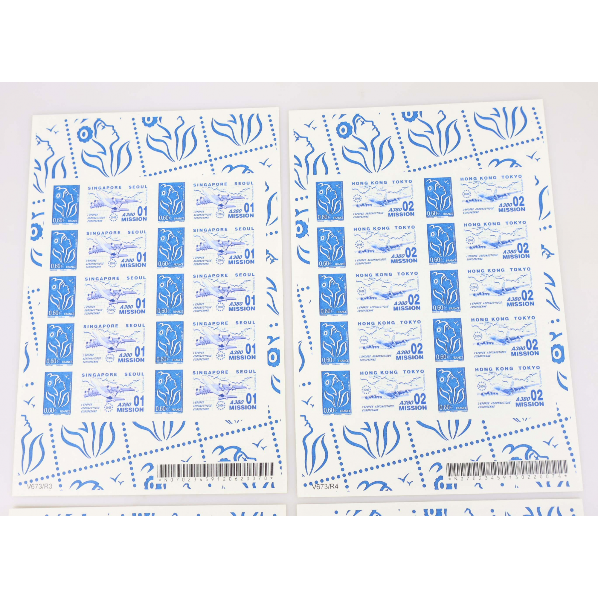 4 FEUILLES PERSONNALISÉES N°F3966Aa AUTOADHÉSIVES THÈME A380 1-4 COTE 840€