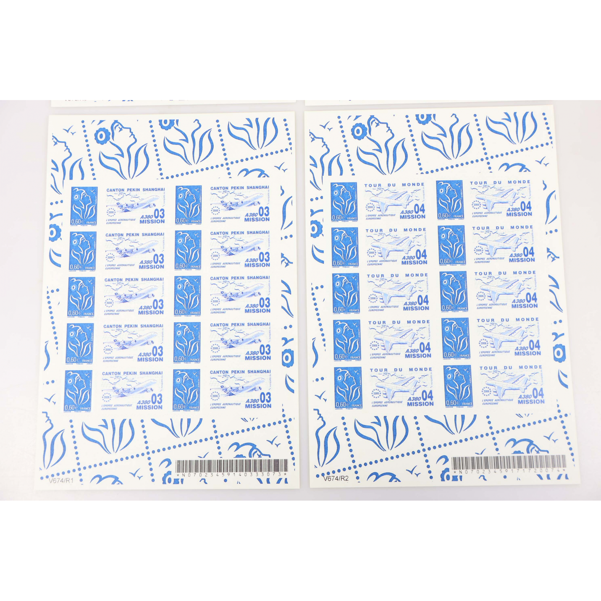 4 FEUILLES PERSONNALISÉES N°F3966Aa AUTOADHÉSIVES THÈME A380 1-4 COTE 840€