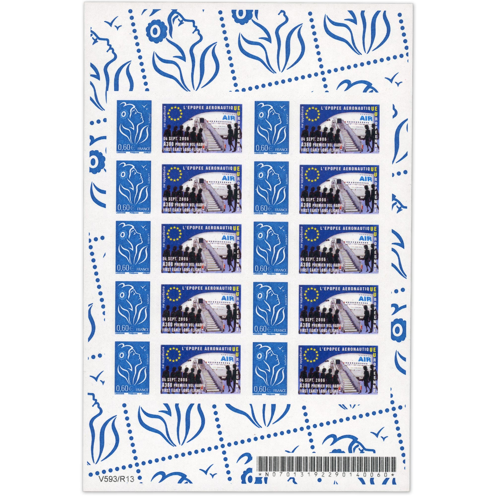 FEUILLE PERSONNALISÉE N°F3966Aa AUTOADHÉSIF VIGNETTE "ÉPOPÉE AÉRONAUTIQUE" RARE